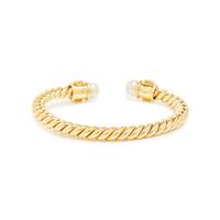 YELLOW GOLD, CULTURED PEARL, AND RUBY BANGLE BRACELET