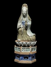 A Chinese Celadon and Underglazed Blue Porcelain Figure of Guanyin