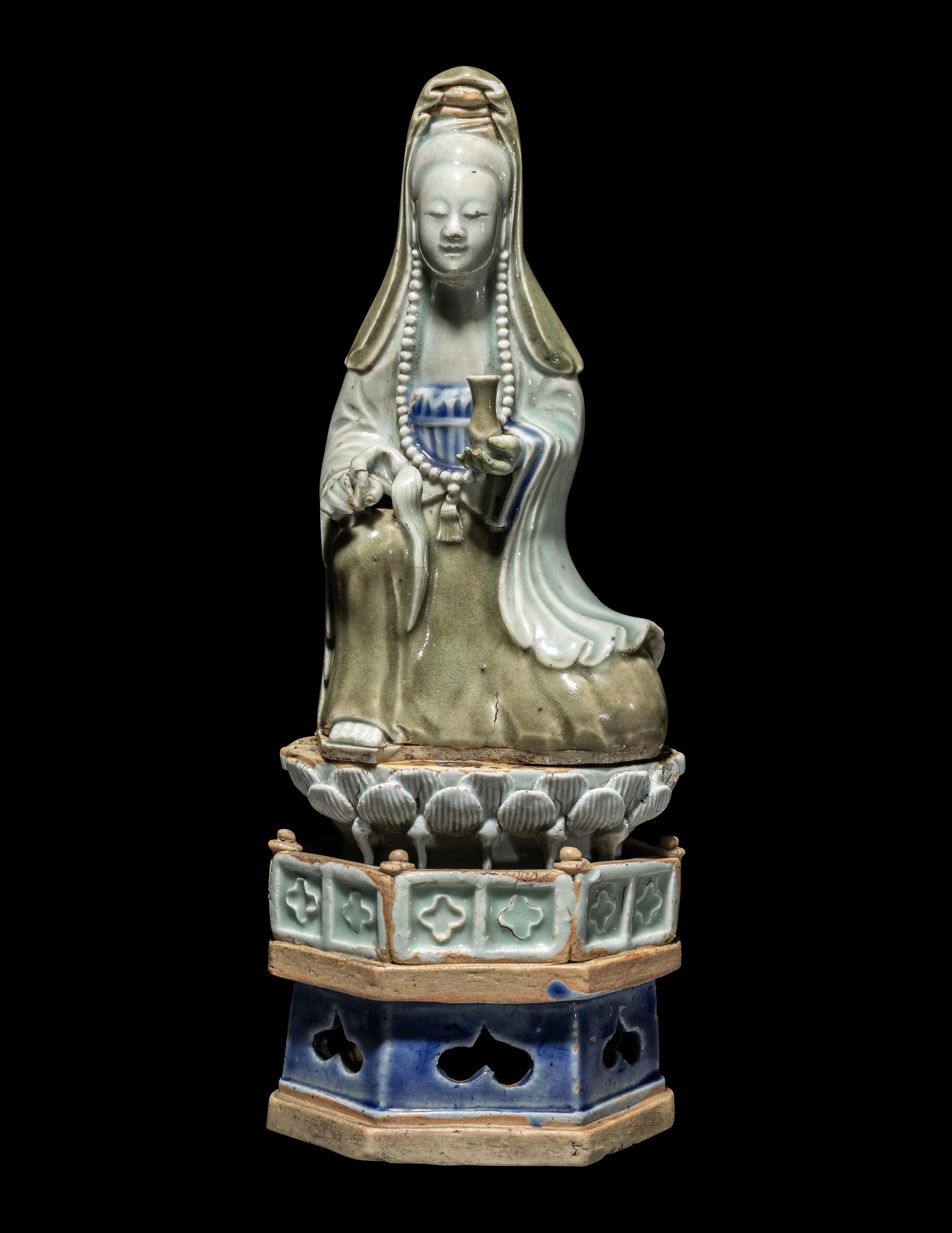 A Chinese Celadon and Underglazed Blue Porcelain Figure of Guanyin