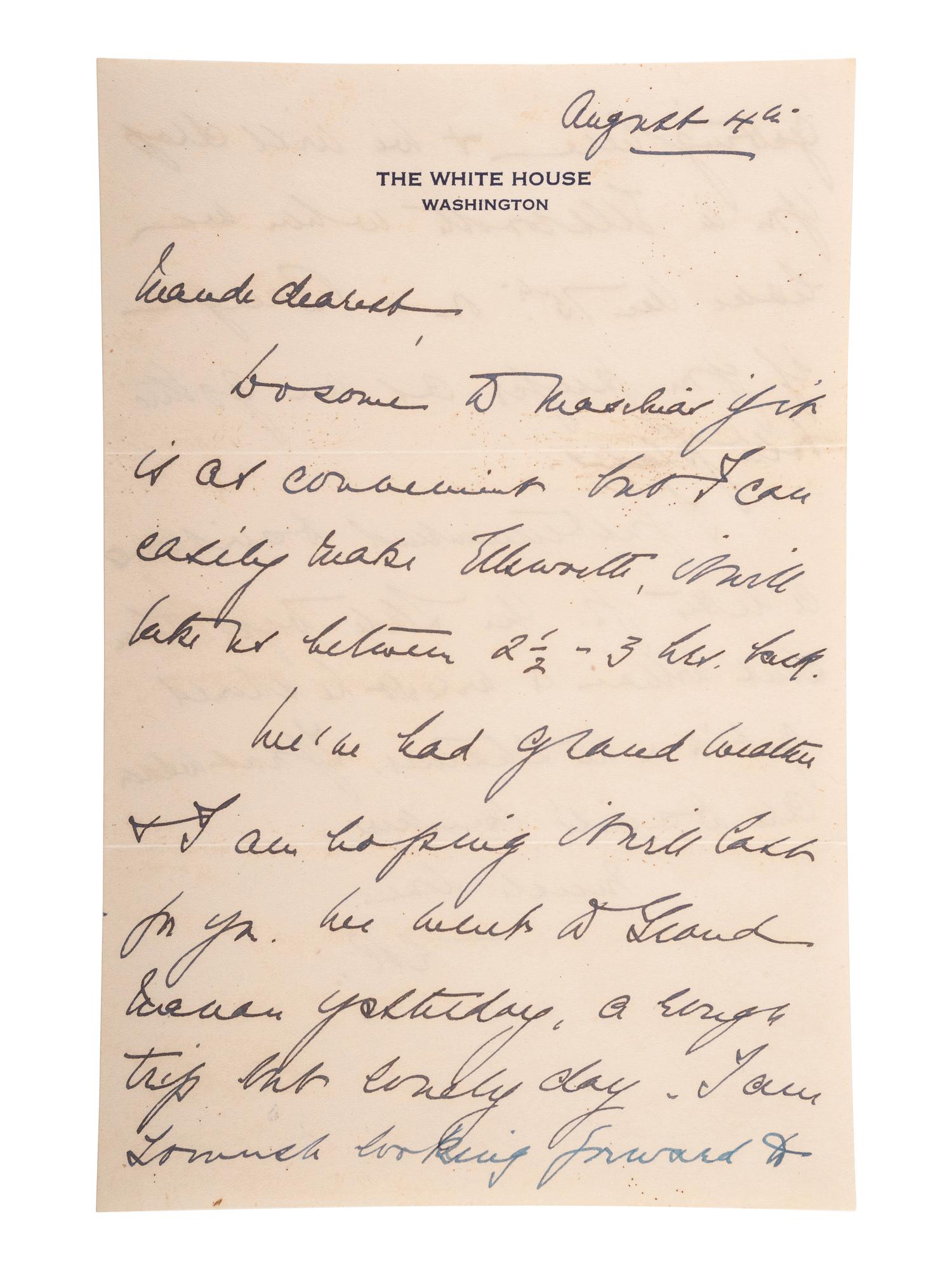 ROOSEVELT, Eleanor (1884-1962). Autograph letter signed ("E.R."), to Maude Livingston Hall Gray. Washington, D.C., 4 August [1935].