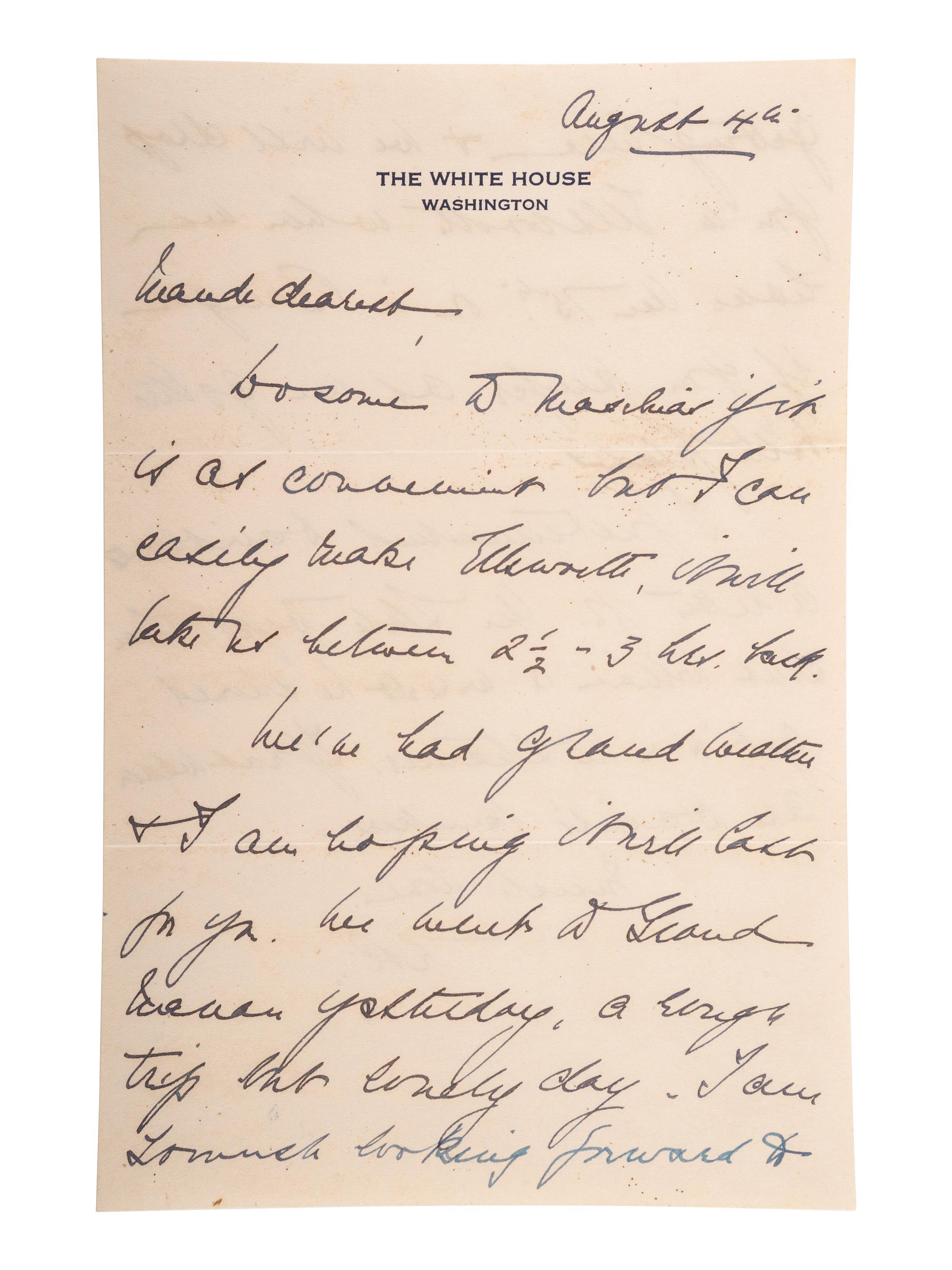 ROOSEVELT, Eleanor (1884-1962). Autograph letter signed ("E.R."), to Maude Livingston Hall Gray. Washington, D.C., 4 August [1935].