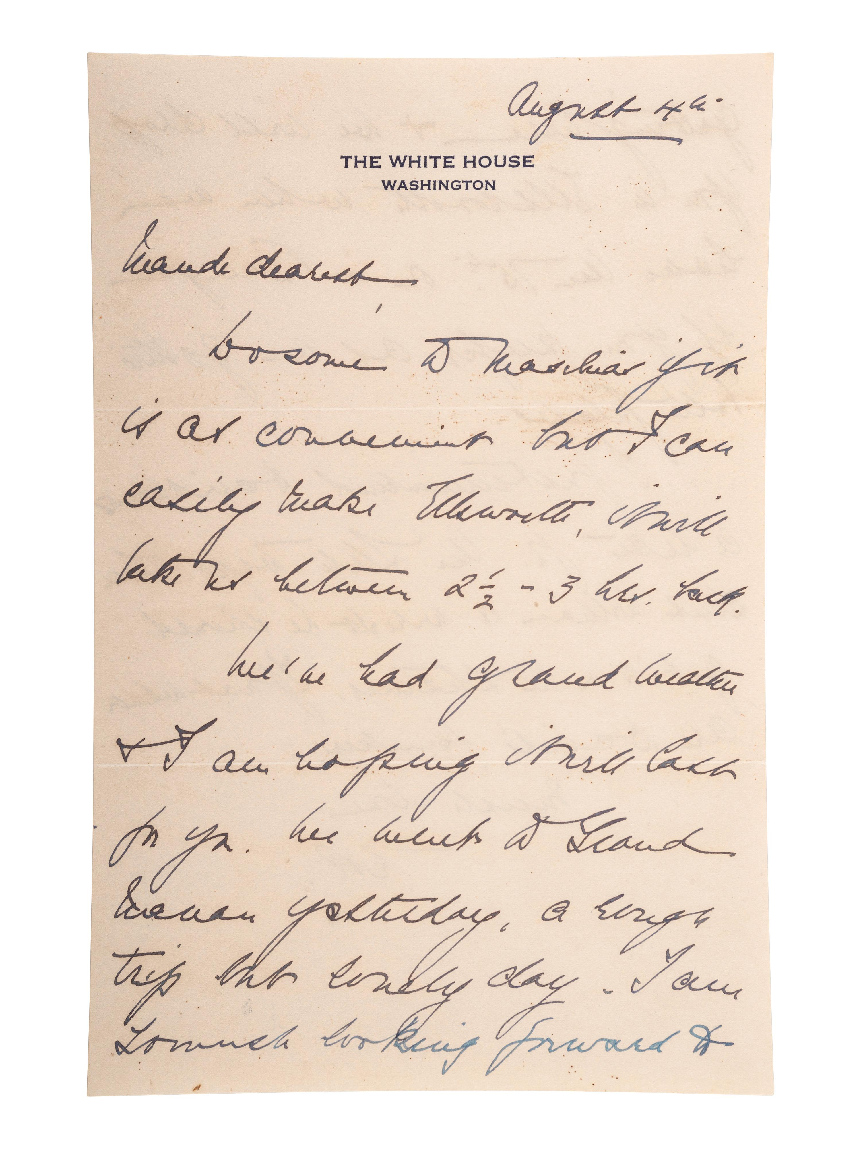 ROOSEVELT, Eleanor (1884-1962). Autograph letter signed ("E.R."), to Maude Livingston Hall Gray. Washington, D.C., 4 August [1935].