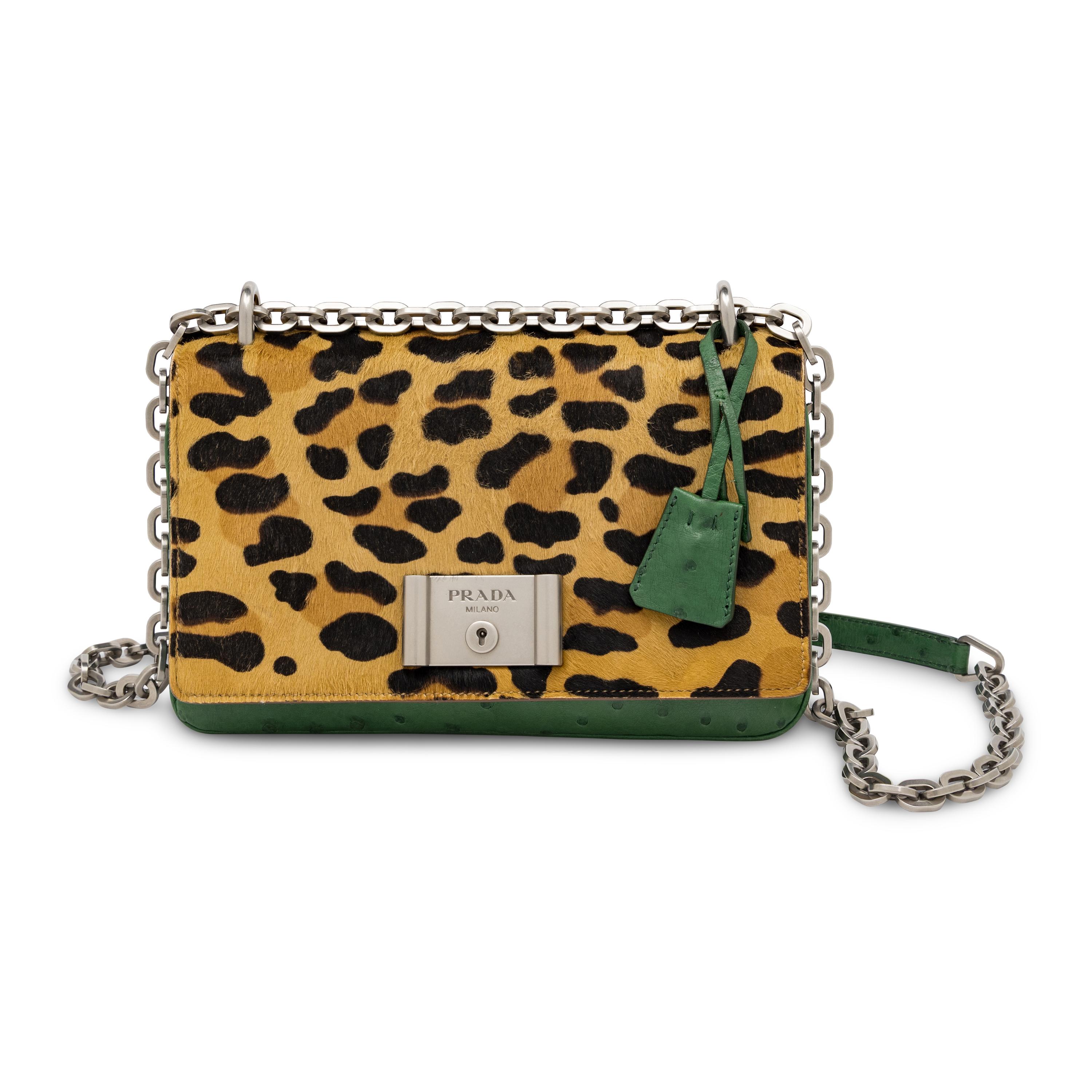Prada, Shoulder Bag in Leopard-Print Pony Hair & Green Ostrich
