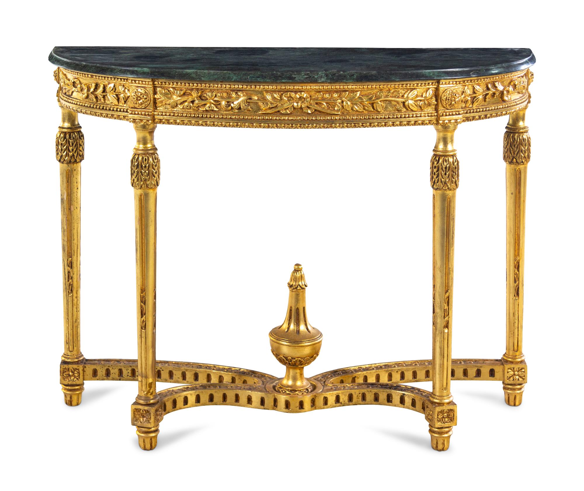 A Louis XVI Style Giltwood Marble-Top Demilune Console Table
