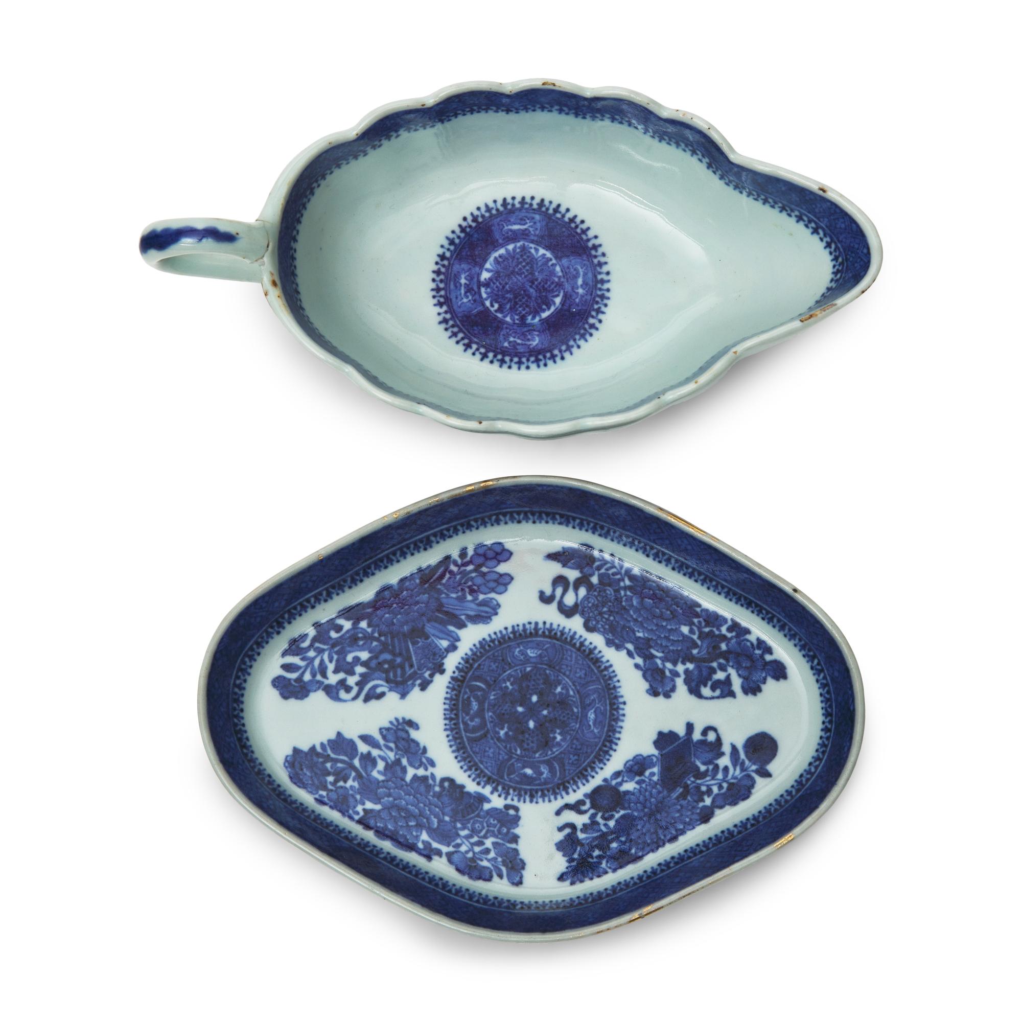 A Pair of Chinese Export Porcelain Fitzhugh Sauce Boats and Stands