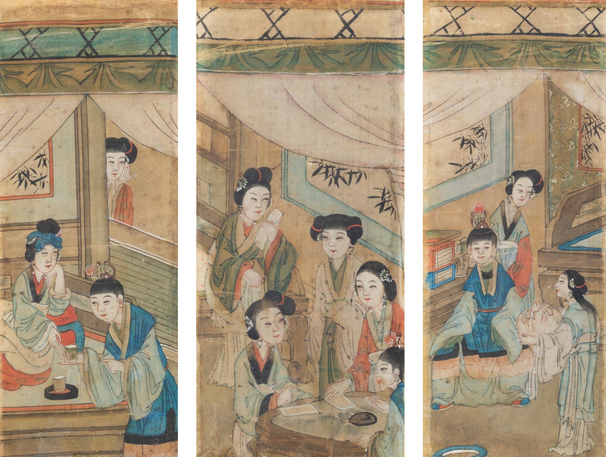 A Set of Three Chinese Silk Paintings