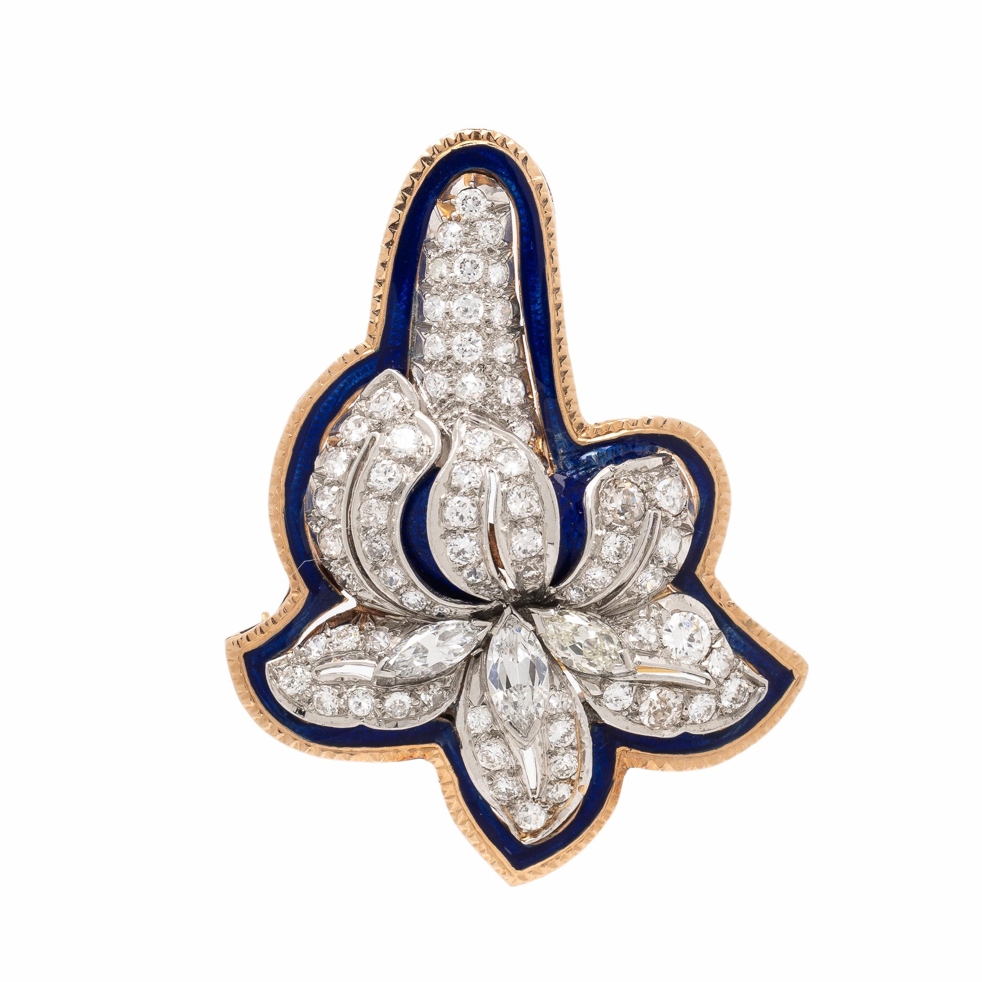 Diamond, Platinum, Rose Gold, and Enamel Flower Pendant Brooch