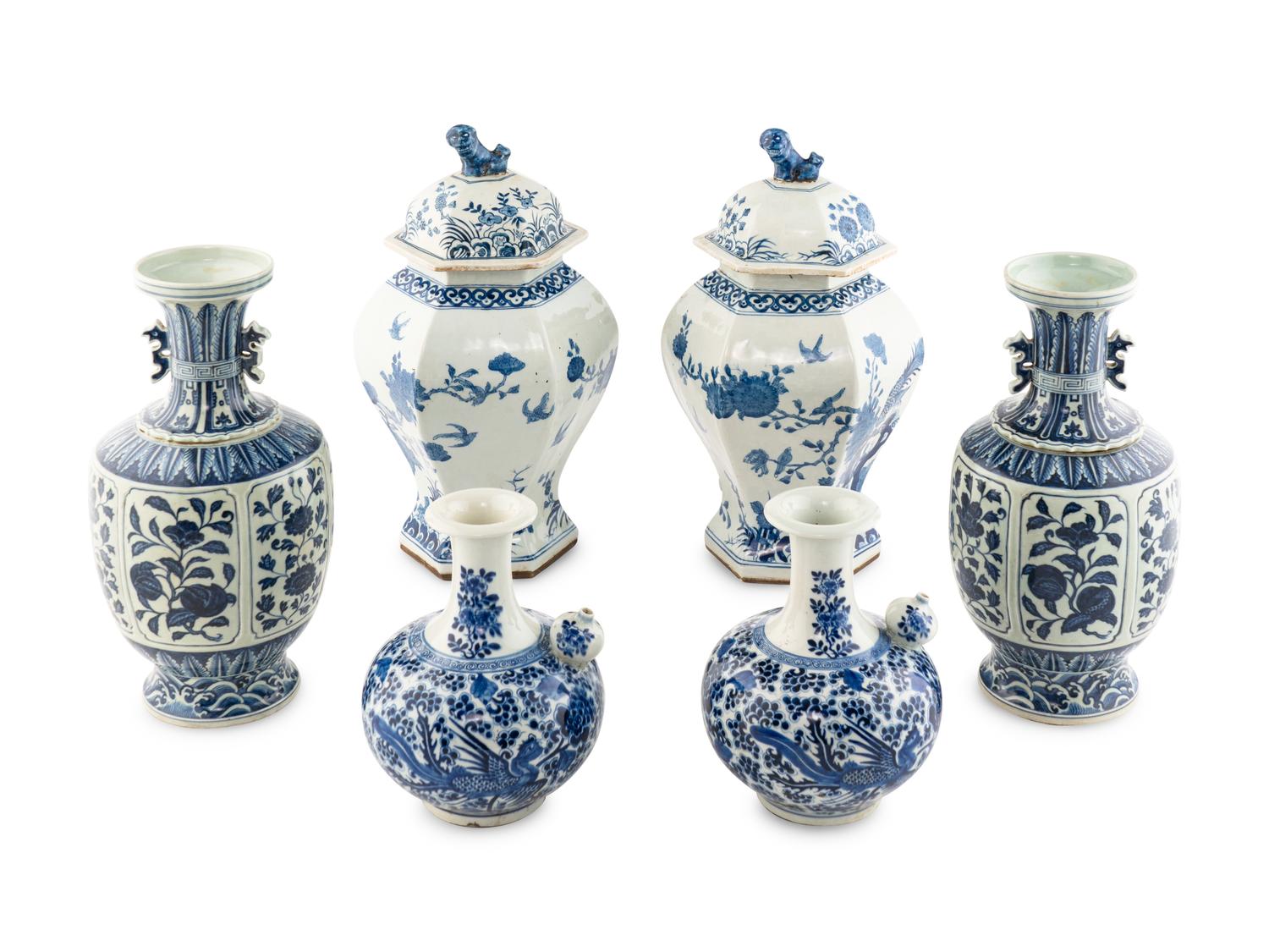 Three Pairs of Chinese Blue and White Porcelain Vessels