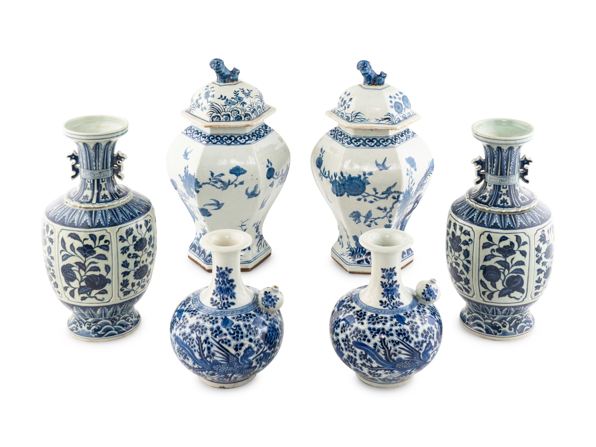 Three Pairs of Chinese Blue and White Porcelain Vessels