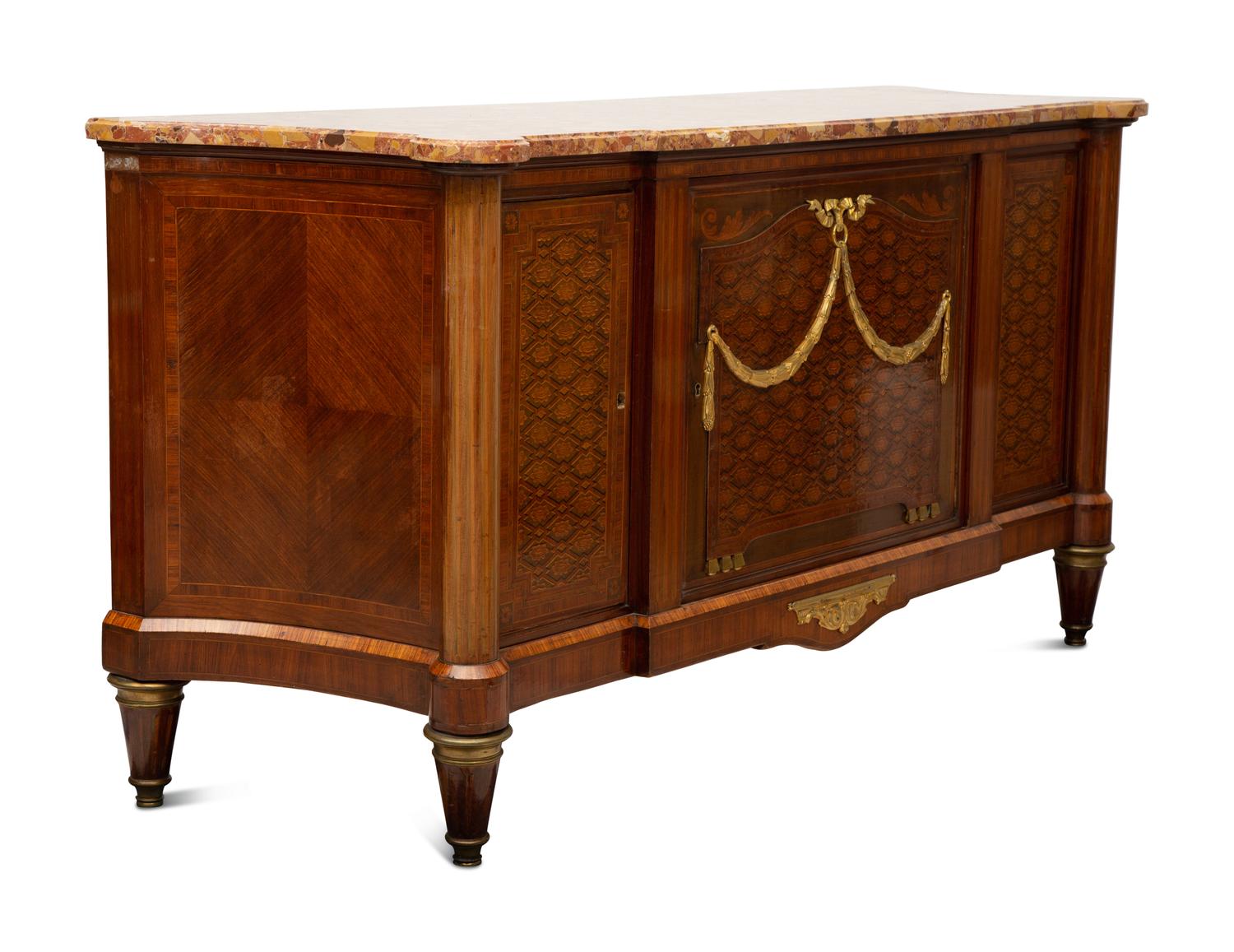 A Louis XVI Style Gilt Bronze Mounted Parquetry Marble-Top Commode