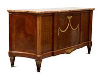 A Louis XVI Style Gilt Bronze Mounted Parquetry Marble-Top Commode