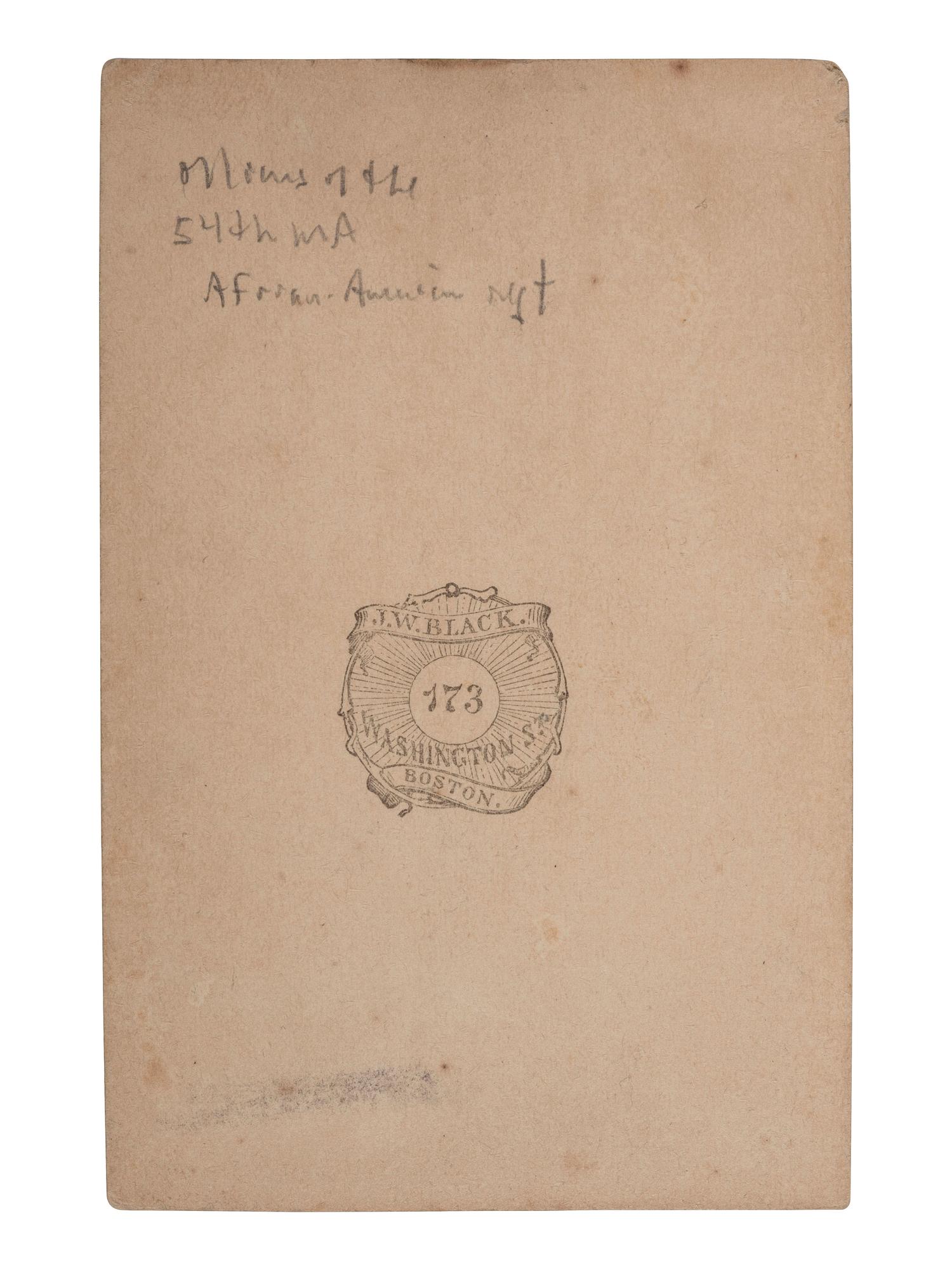 [UNITED STATES COLORED TROOPS]. CDV of three officers, identified on verso as 54th Massachusetts Infantry, USCT. Boston: J. W. Black, ca 1860s.