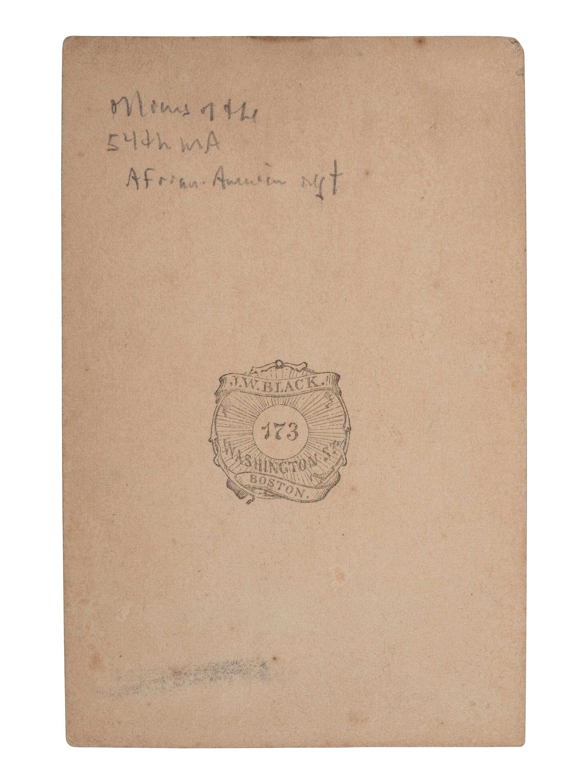 [UNITED STATES COLORED TROOPS]. CDV of three officers, identified on verso as 54th Massachusetts Infantry, USCT. Boston: J. W. Black, ca 1860s.