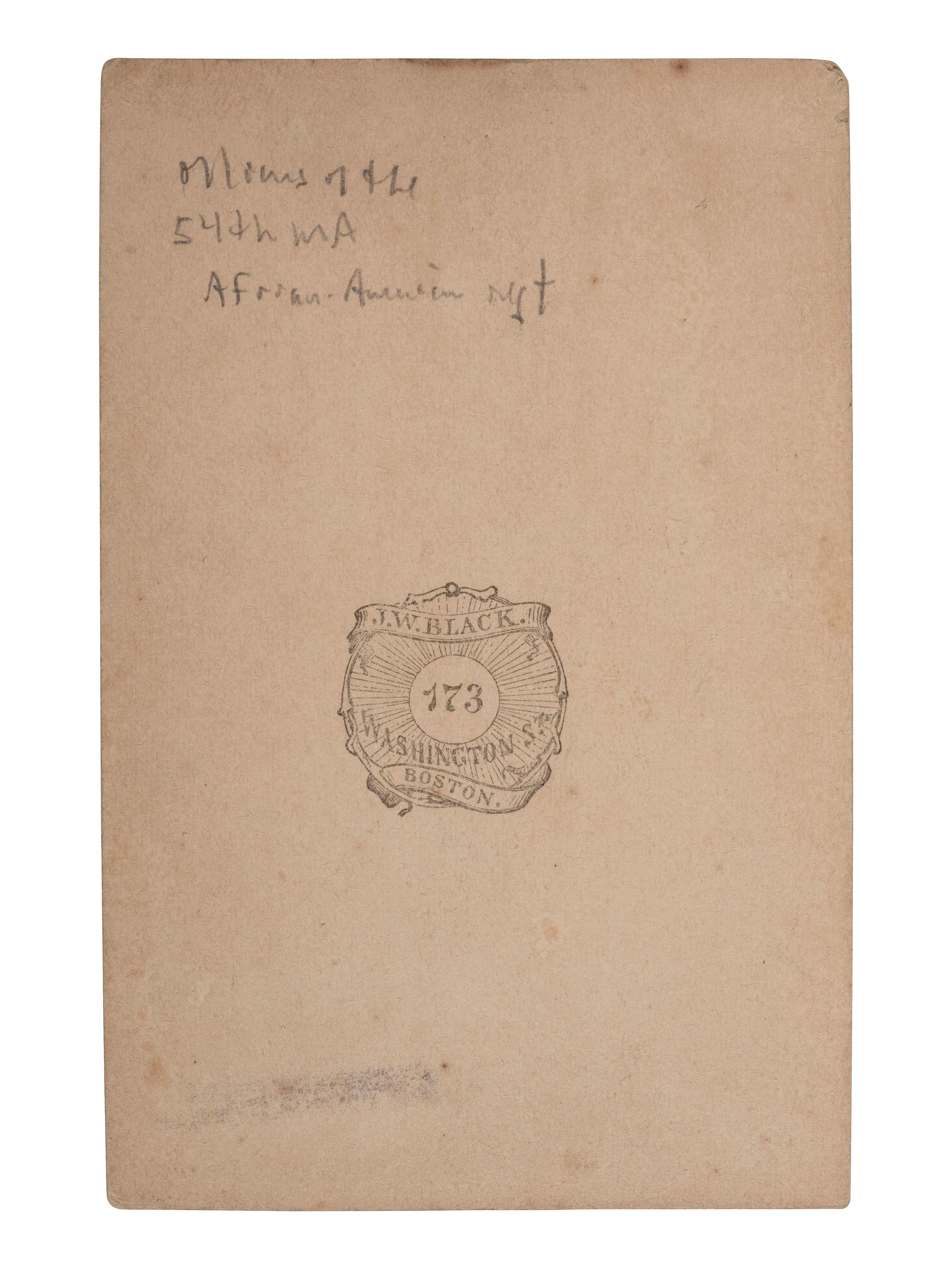 [UNITED STATES COLORED TROOPS]. CDV of three officers, identified on verso as 54th Massachusetts Infantry, USCT. Boston: J. W. Black, ca 1860s.