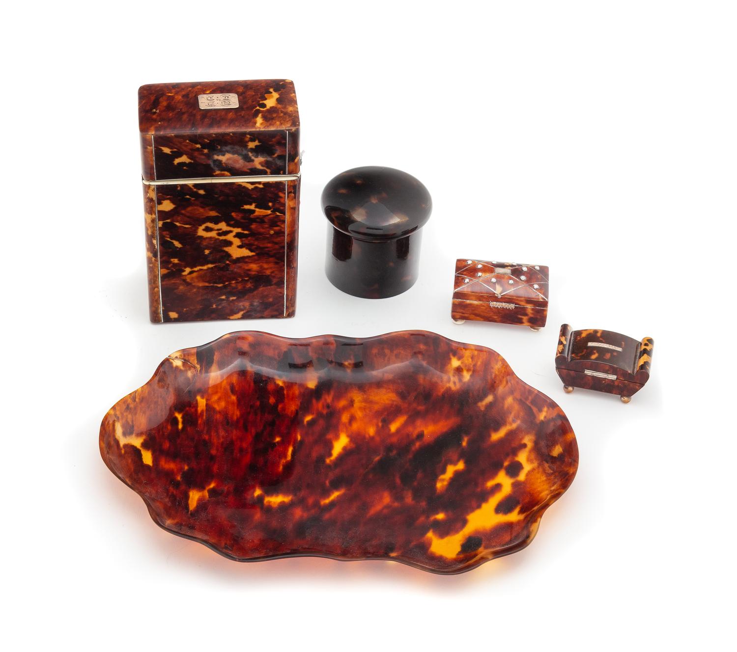A Collection of Five Tortoise Shell Articles Height of largest 5 x width 3 1/4 x depth 2 inches. — 19TH CENTURY