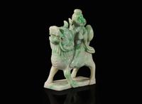 A Chinese jadeite figure of a meiren on a fabulous beast 翡翠雕仙人逸獸