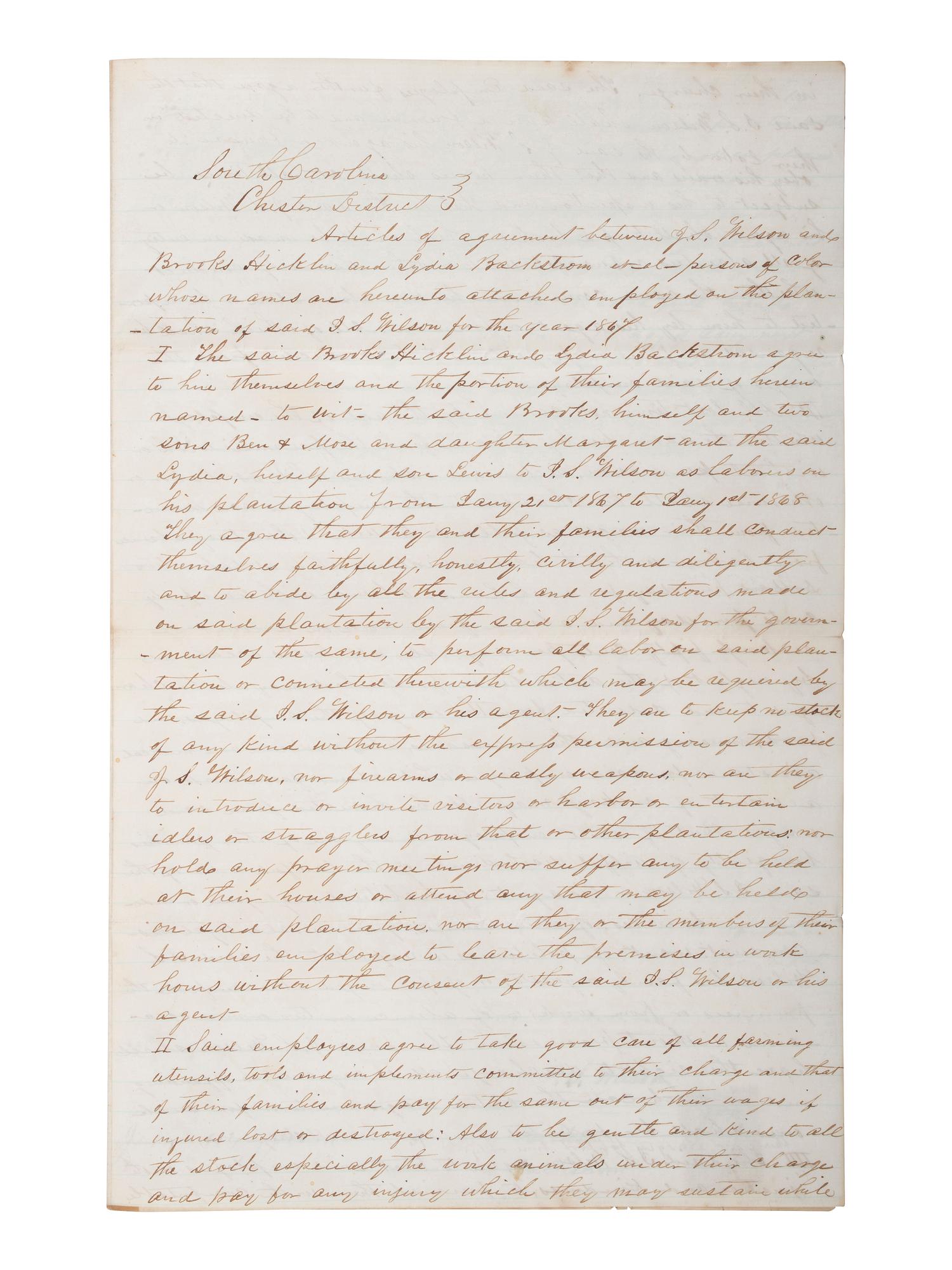 [SLAVERY & ABOLITION] -- [RECONSTRUCTION]. Labor contracts, "Rules & Regulations," and other documents associated with freedmen working on the South Carolina plantation of John S. Wilson, 1865-1868.