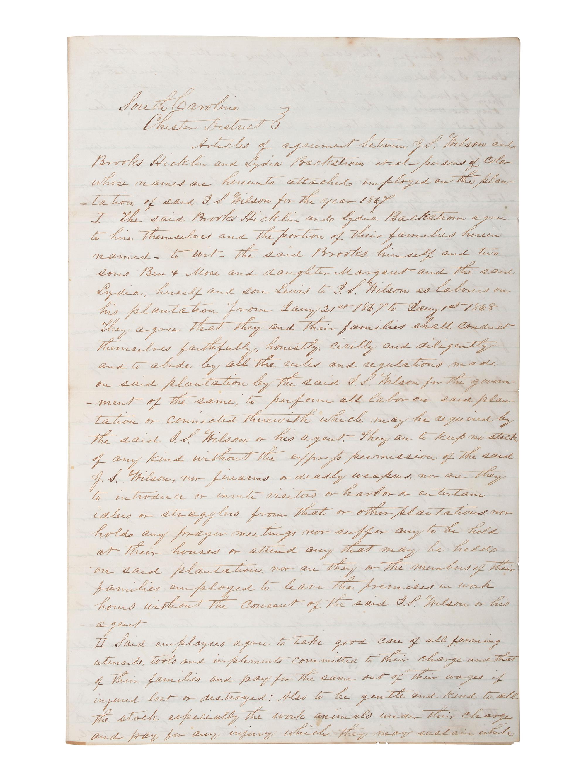 [SLAVERY & ABOLITION] -- [RECONSTRUCTION]. Labor contracts, "Rules & Regulations," and other documents associated with freedmen working on the South Carolina plantation of John S. Wilson, 1865-1868.