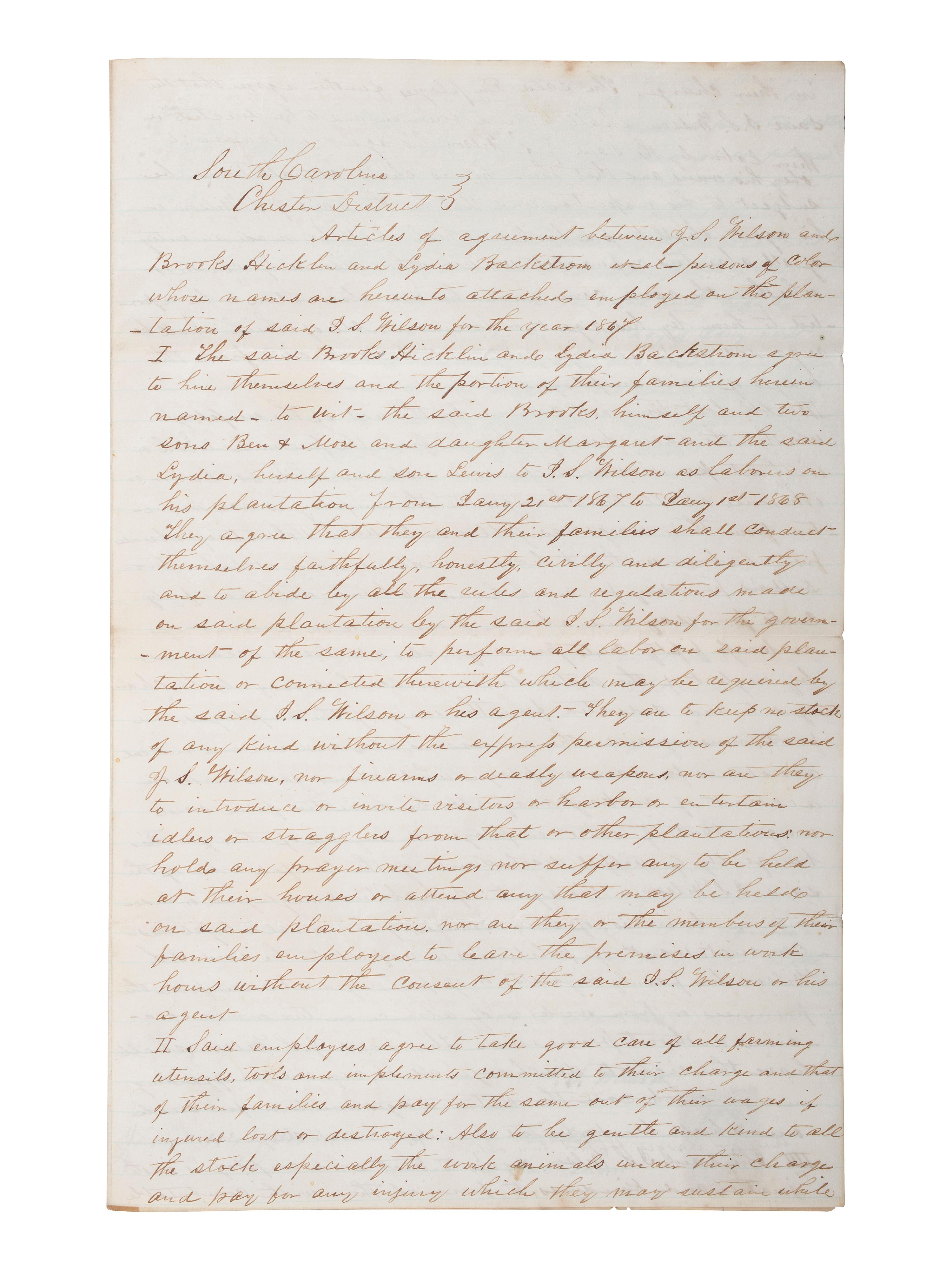 [SLAVERY & ABOLITION] -- [RECONSTRUCTION]. Labor contracts, "Rules & Regulations," and other documents associated with freedmen working on the South Carolina plantation of John S. Wilson, 1865-1868.