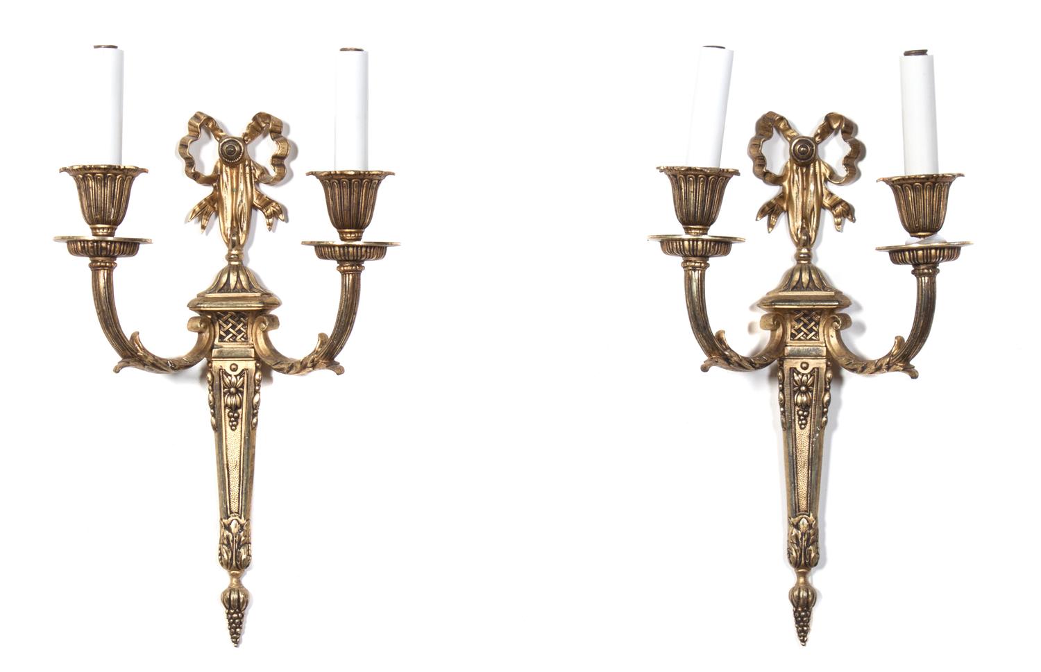 A Pair of Gilt Metal Two-Light Sconces Height 13 inches. — 20TH CENTURY