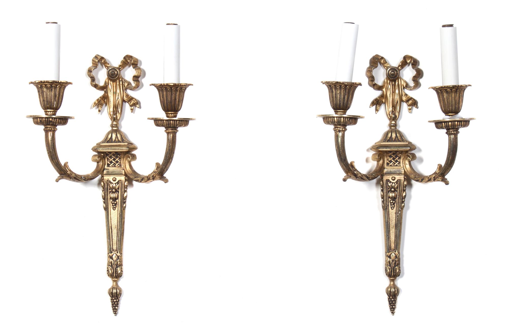 A Pair of Gilt Metal Two-Light Sconces Height 13 inches. — 20TH CENTURY