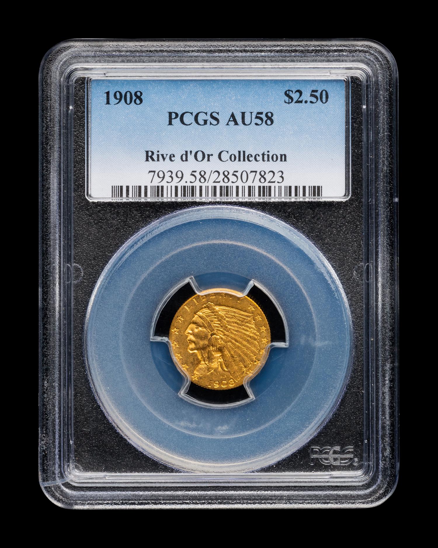 A 1908 Indian Head $2.50 Gold Coin (PCGS AU58)