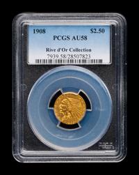 A 1908 Indian Head $2.50 Gold Coin (PCGS AU58)