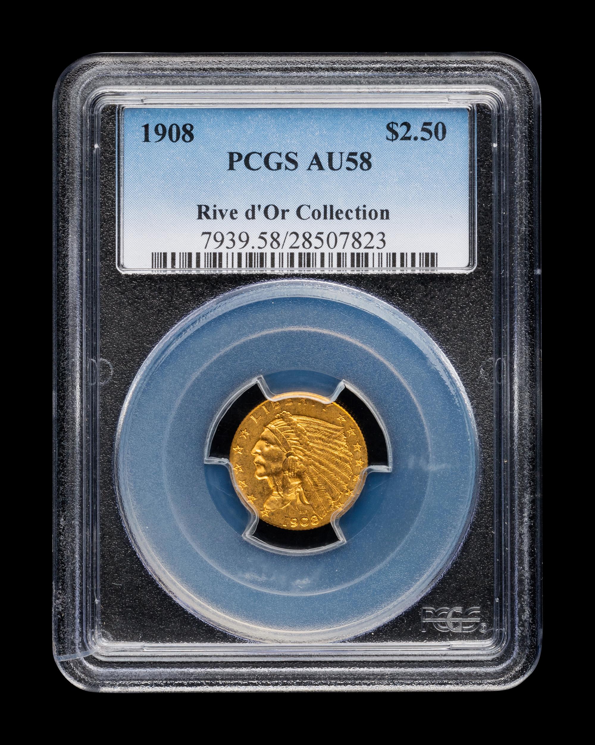 A 1908 Indian Head $2.50 Gold Coin (PCGS AU58)