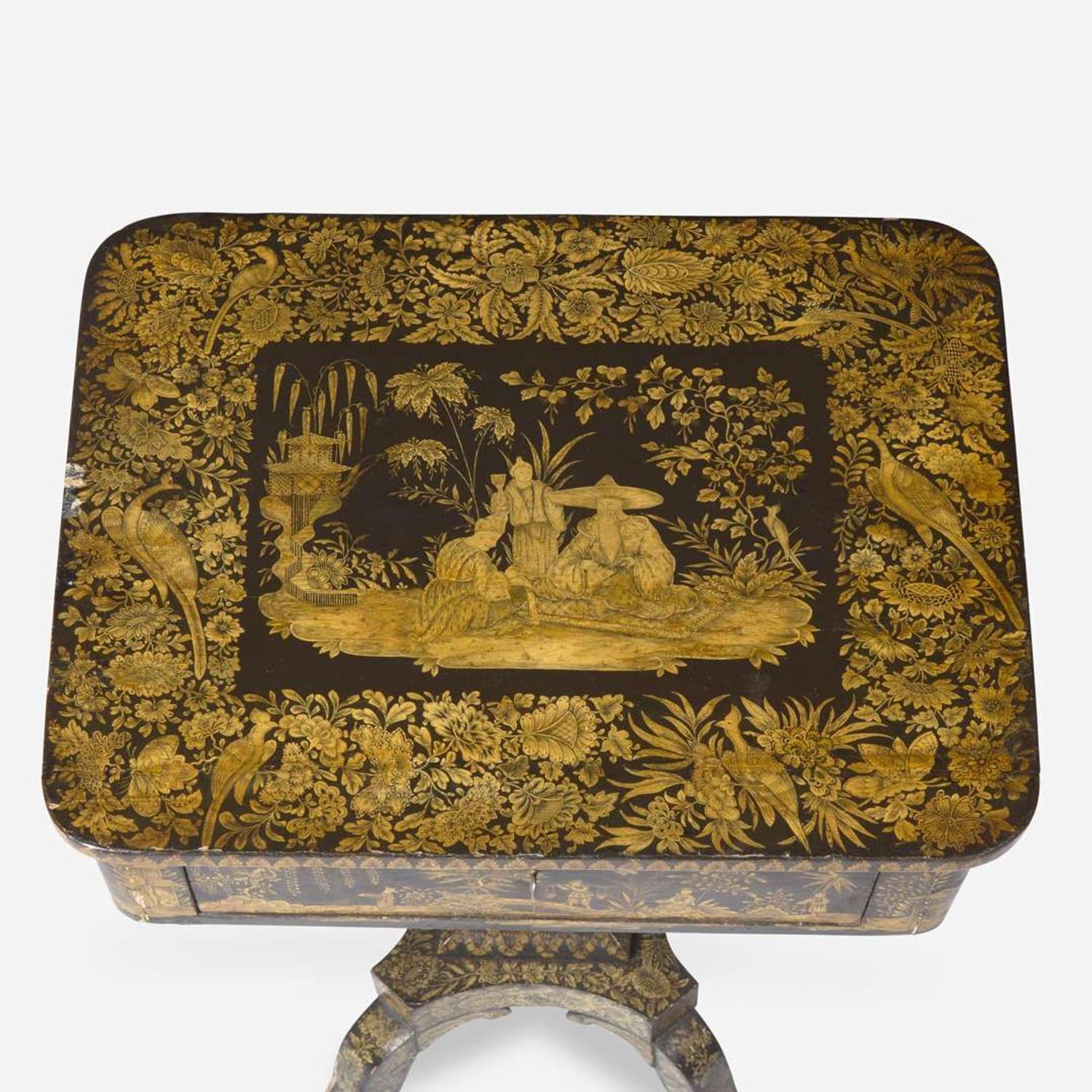 A Regency Chinoiserie penwork sewing stand early 19th century