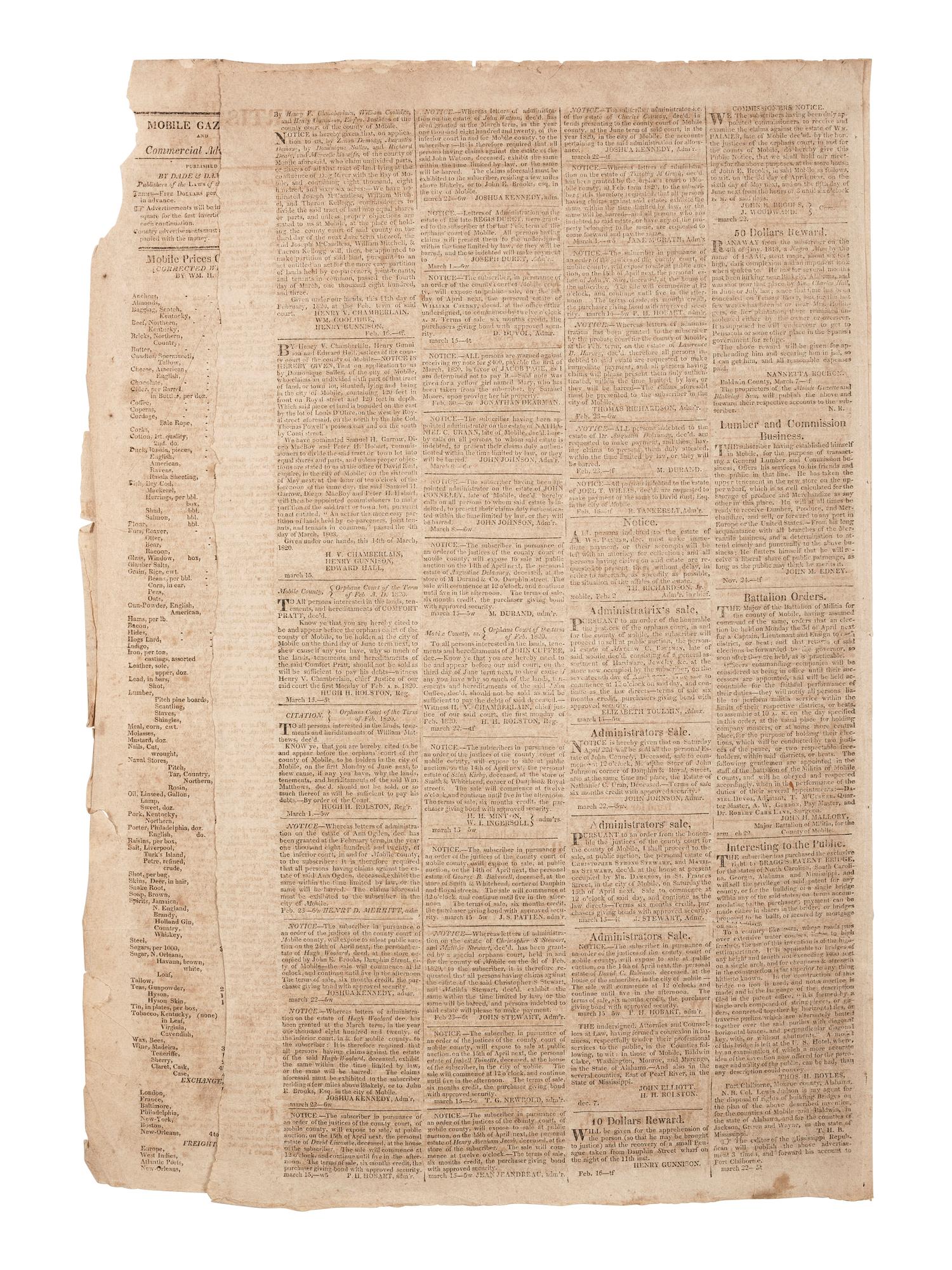 [ALABAMA - ENSLAVEMENT]. Mobile Gazette and Commercial Advertiser . 1820 issue incl. ads for enslaved.