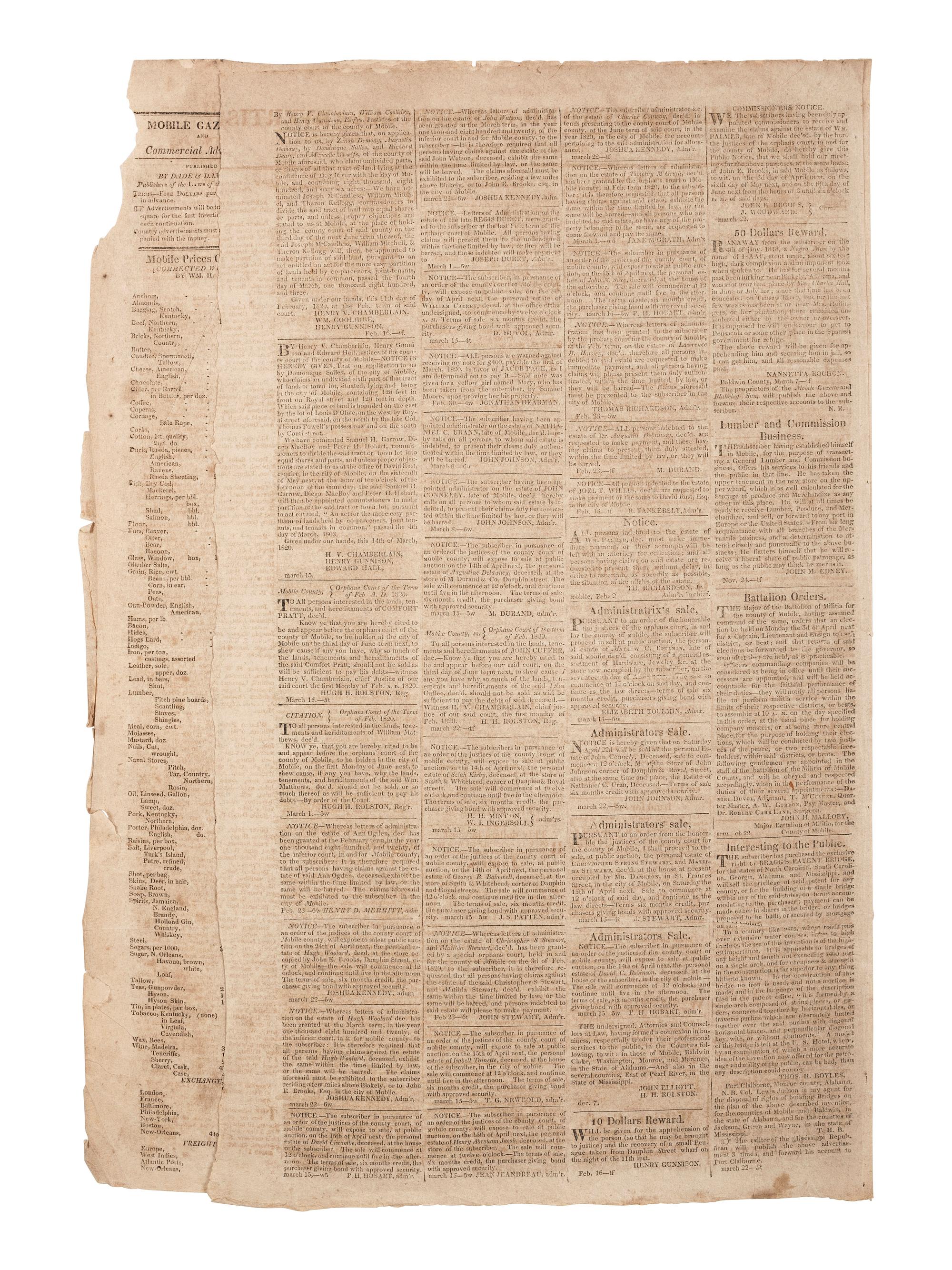 [ALABAMA - ENSLAVEMENT]. Mobile Gazette and Commercial Advertiser . 1820 issue incl. ads for enslaved.