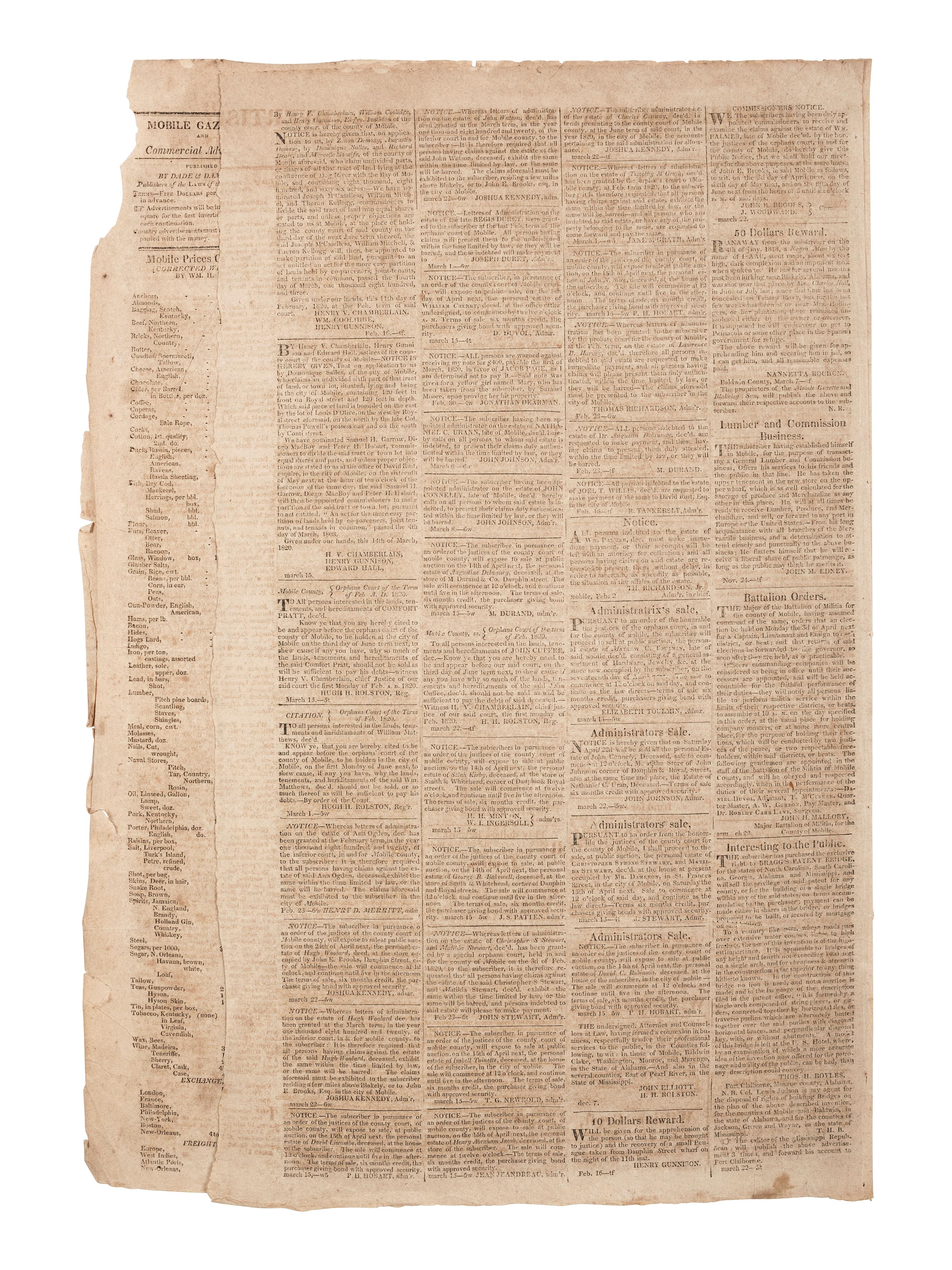 [ALABAMA - ENSLAVEMENT]. Mobile Gazette and Commercial Advertiser . 1820 issue incl. ads for enslaved.