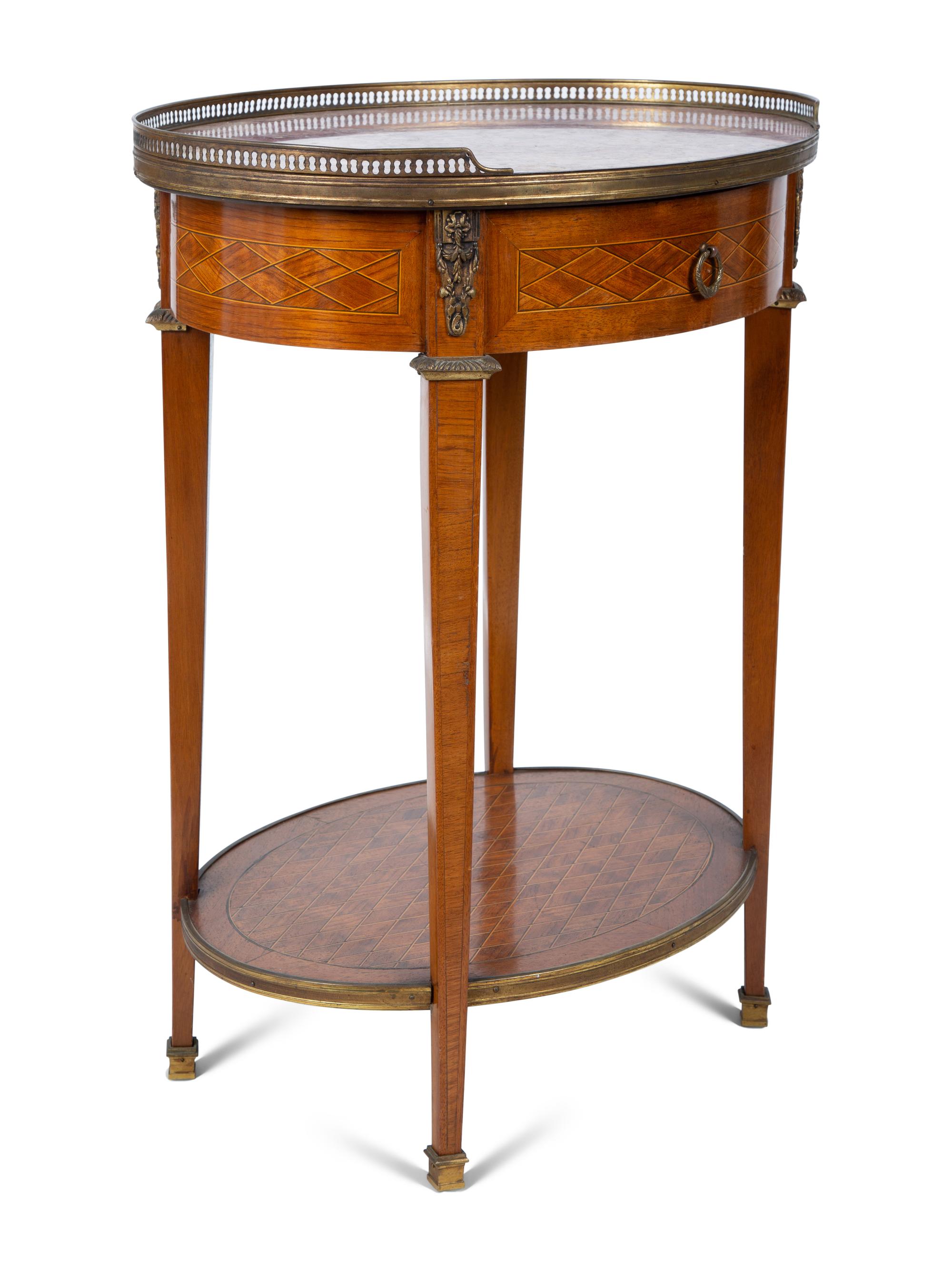 A Louis XVI Style Gilt Bronze Mounted Parquetry Marble-Top Side Table Attributed to Grosfeld House