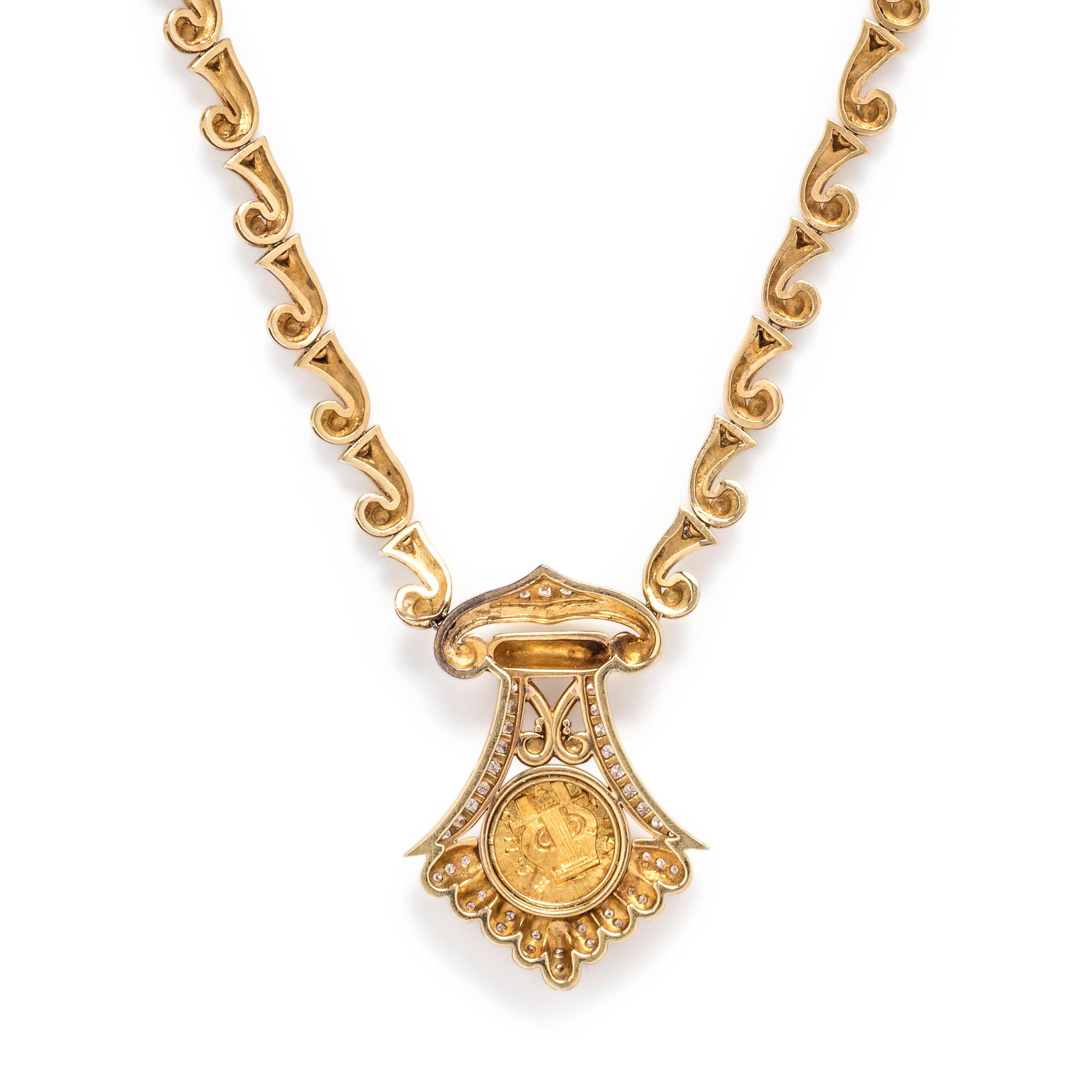 YELLOW GOLD, COIN AND DIAMOND NECKLACE