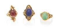 A Collection of Yellow Gold, Lapis, Garnet, Jade and Diamond Rings, 10.40 dwts.