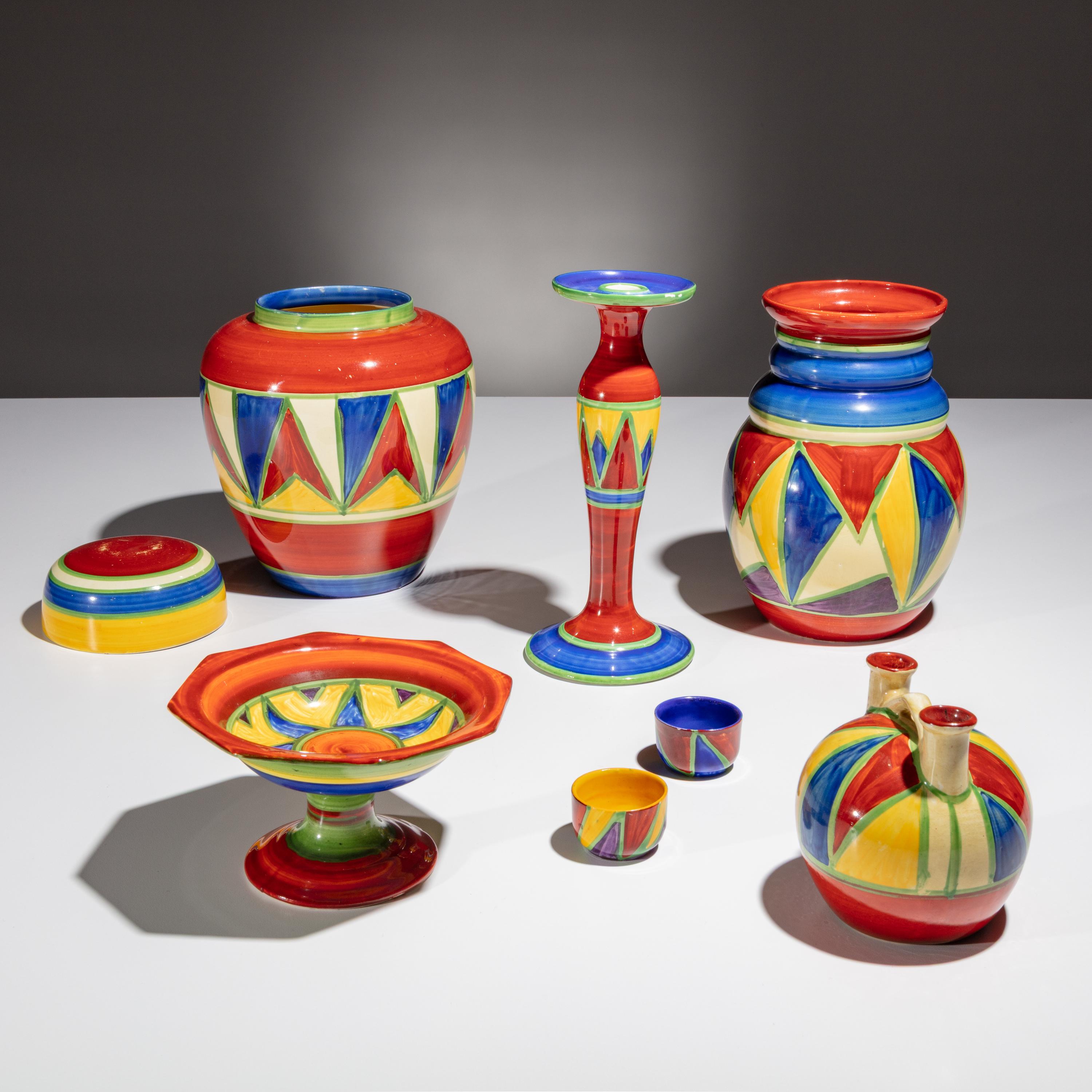 Clarice Cliff (English, 1899–1972) — Original Bizarre pattern, 7 pieces