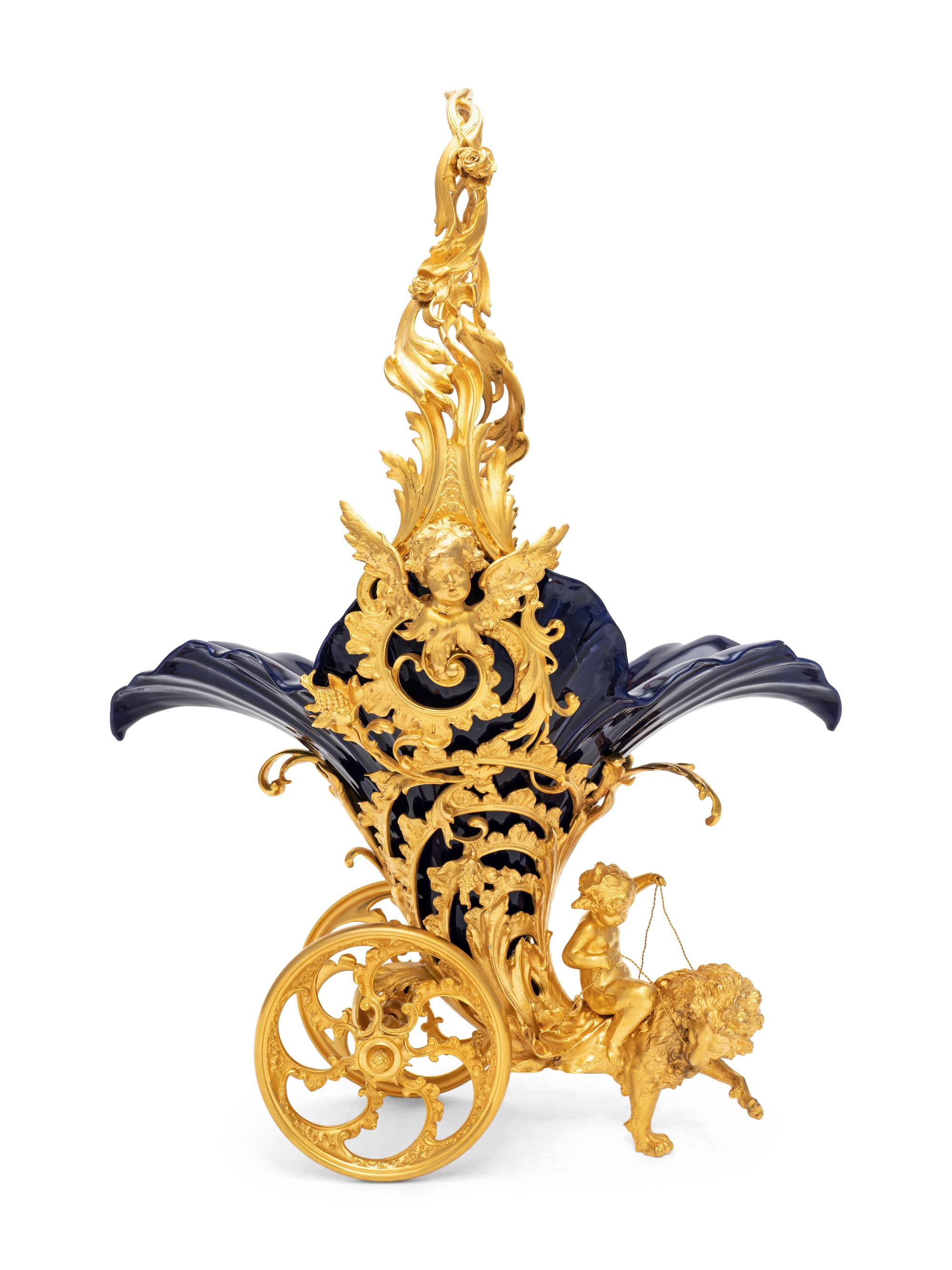 An Italian Gilt Bronze and Cobalt Glazed Ceramic Centerpiece