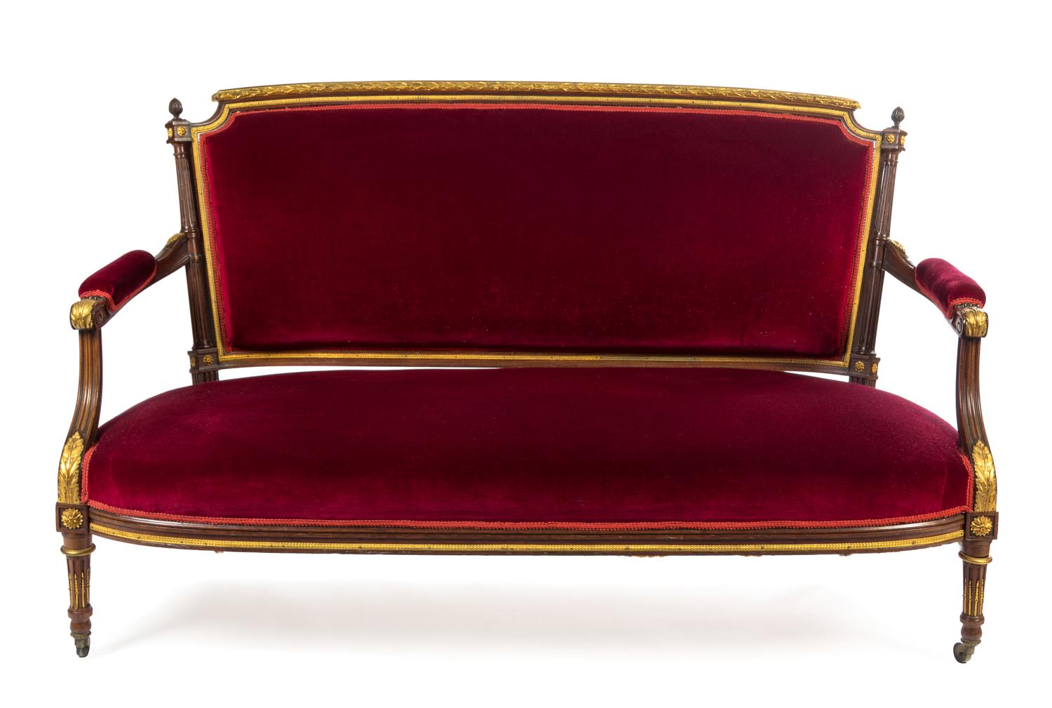 A Louis XVI Style Gilt Bronze Mounted Mahogany Salon Suite Height of canape 38 1/4 x width 63 x depth 31 3/4 inches. — PAUL SORMANI, PARIS, CIRCA 1900