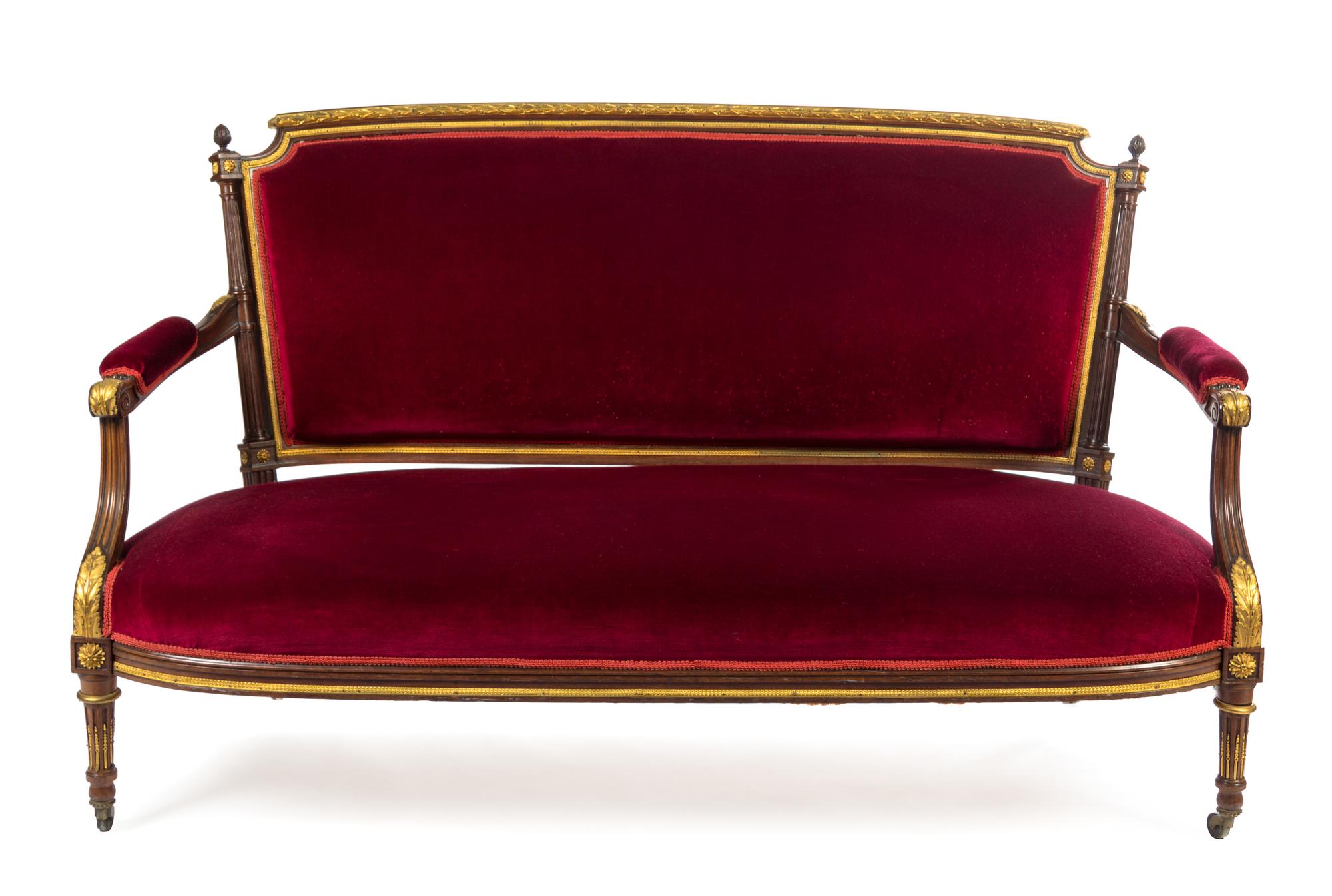 A Louis XVI Style Gilt Bronze Mounted Mahogany Salon Suite Height of canape 38 1/4 x width 63 x depth 31 3/4 inches. — PAUL SORMANI, PARIS, CIRCA 1900