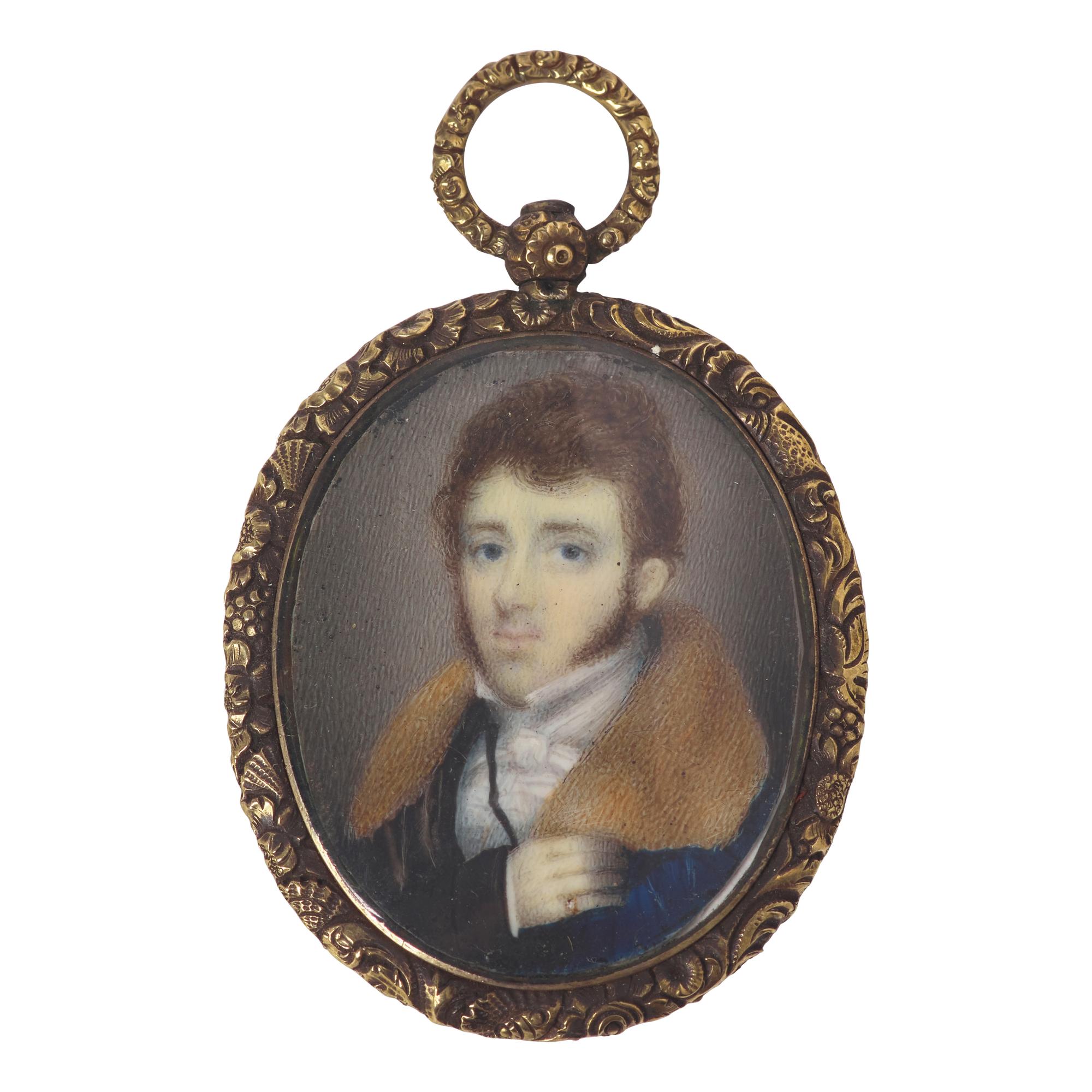 English School 19th Century, A Portrait Miniature of a Gentleman with Fur Collar