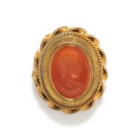 A Neoclassical Gold and Carnelian Brooch with a Bust of Athena