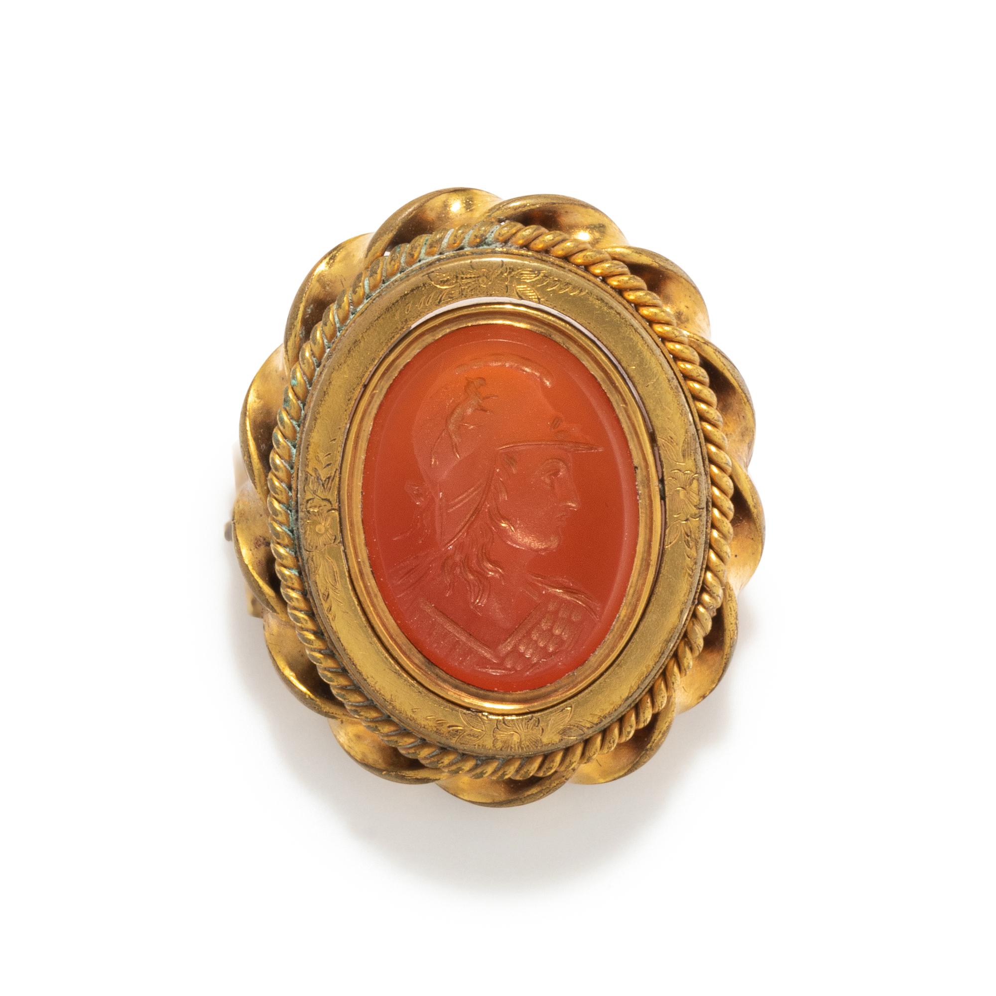A Neoclassical Gold and Carnelian Brooch with a Bust of Athena