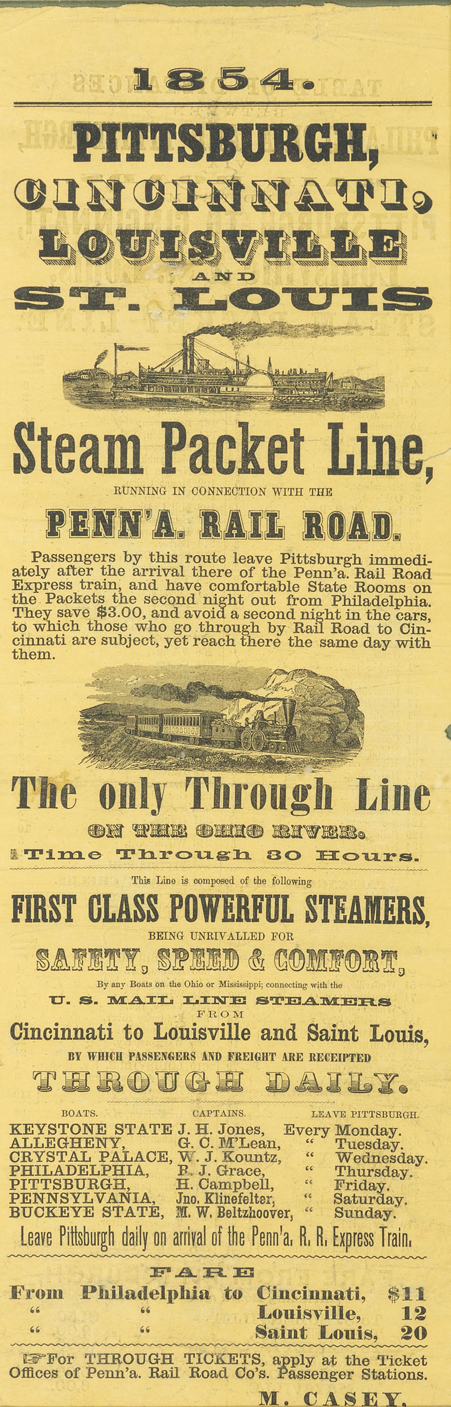 [TRANSPORTATION - STEAMBOATS]. Pittsburgh, Cincinnati, Louisville and St. Louis Steam Packet Line . 1854.