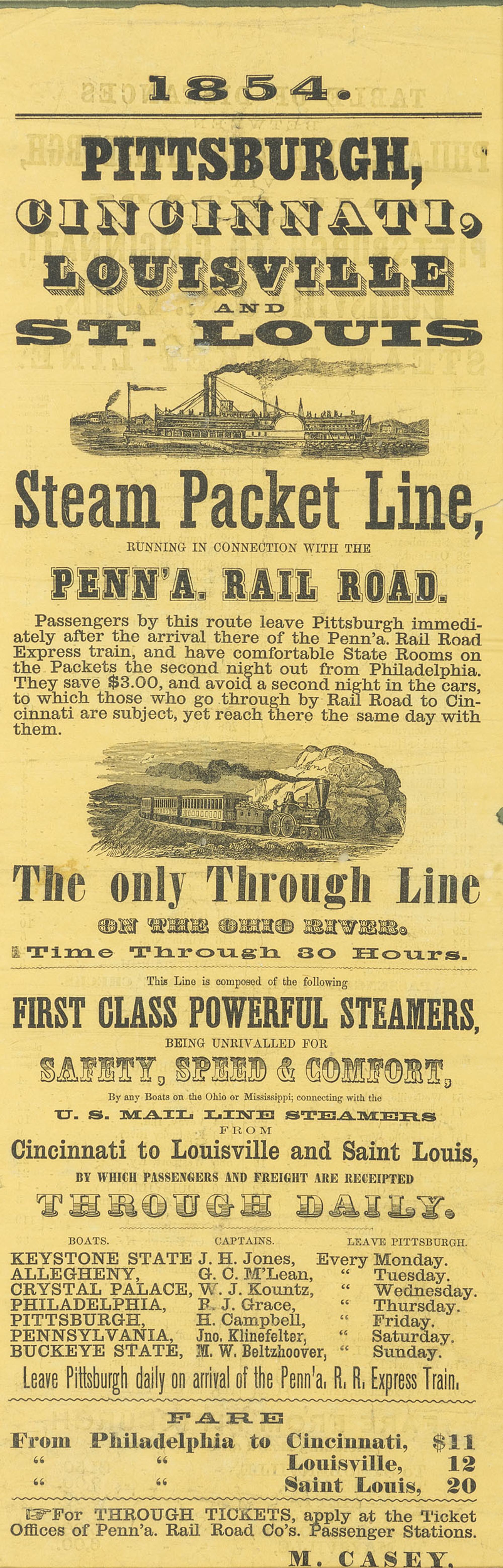 [TRANSPORTATION - STEAMBOATS]. Pittsburgh, Cincinnati, Louisville and St. Louis Steam Packet Line . 1854.