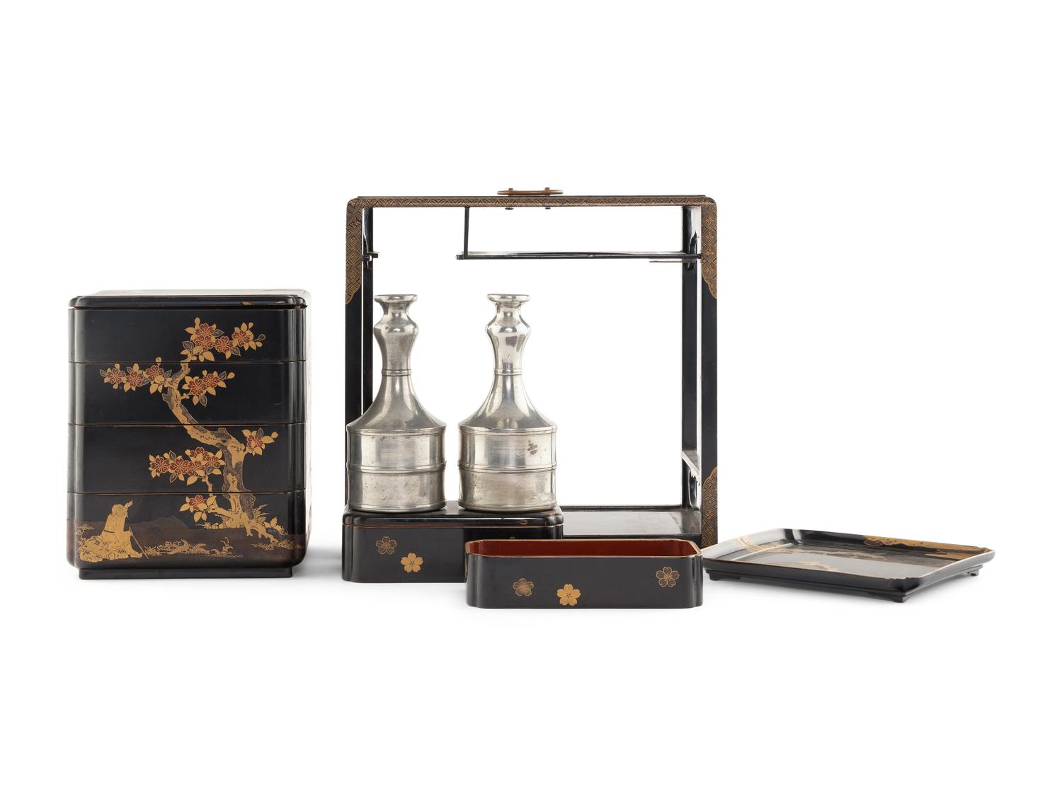 Two Japanese Gilt Decorated Lacquered Sage Jubako (Picnic Set)