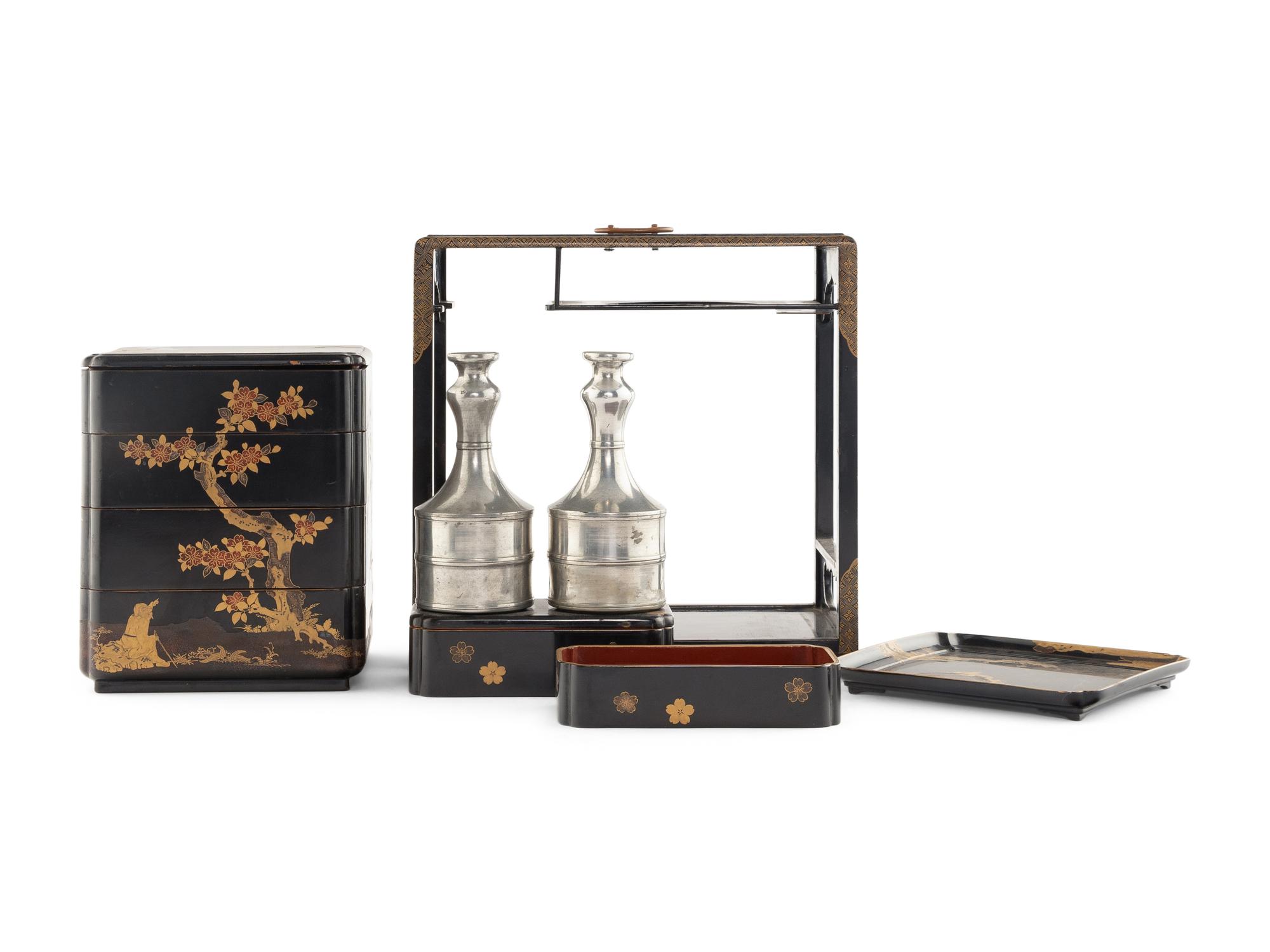 Two Japanese Gilt Decorated Lacquered Sage Jubako (Picnic Set)