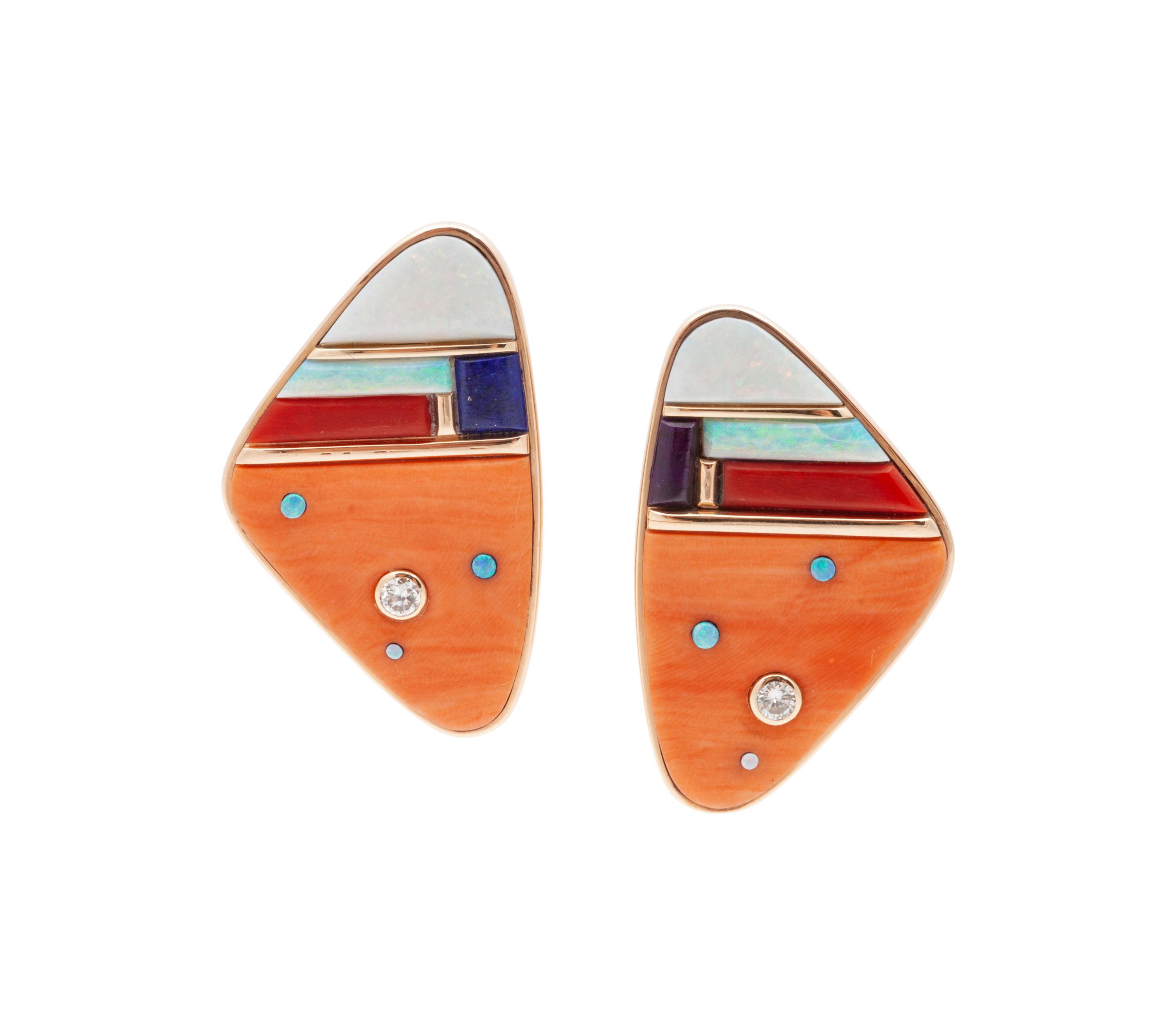 Gold Earrings, set with Opal, Coral, Lapis, and Diamonds