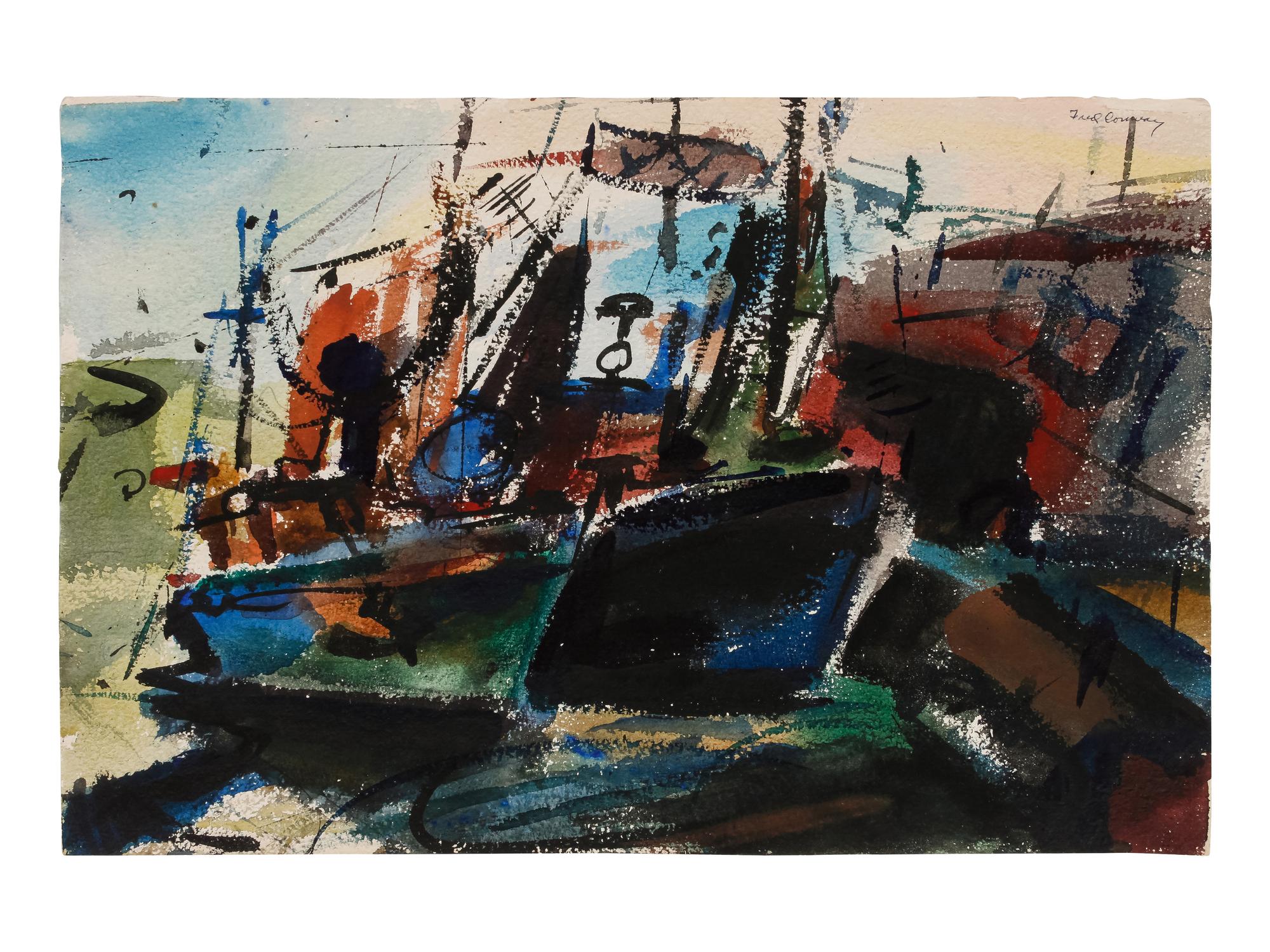 Three works: Harbor Scene; Street Scene and Docked Boat
