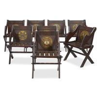 Set of eight stained and paint-decorated pine Gothic Revival 'Glastonbury-type' armchairs after a design by A.W. Pugin (1839-1841), circa 1900