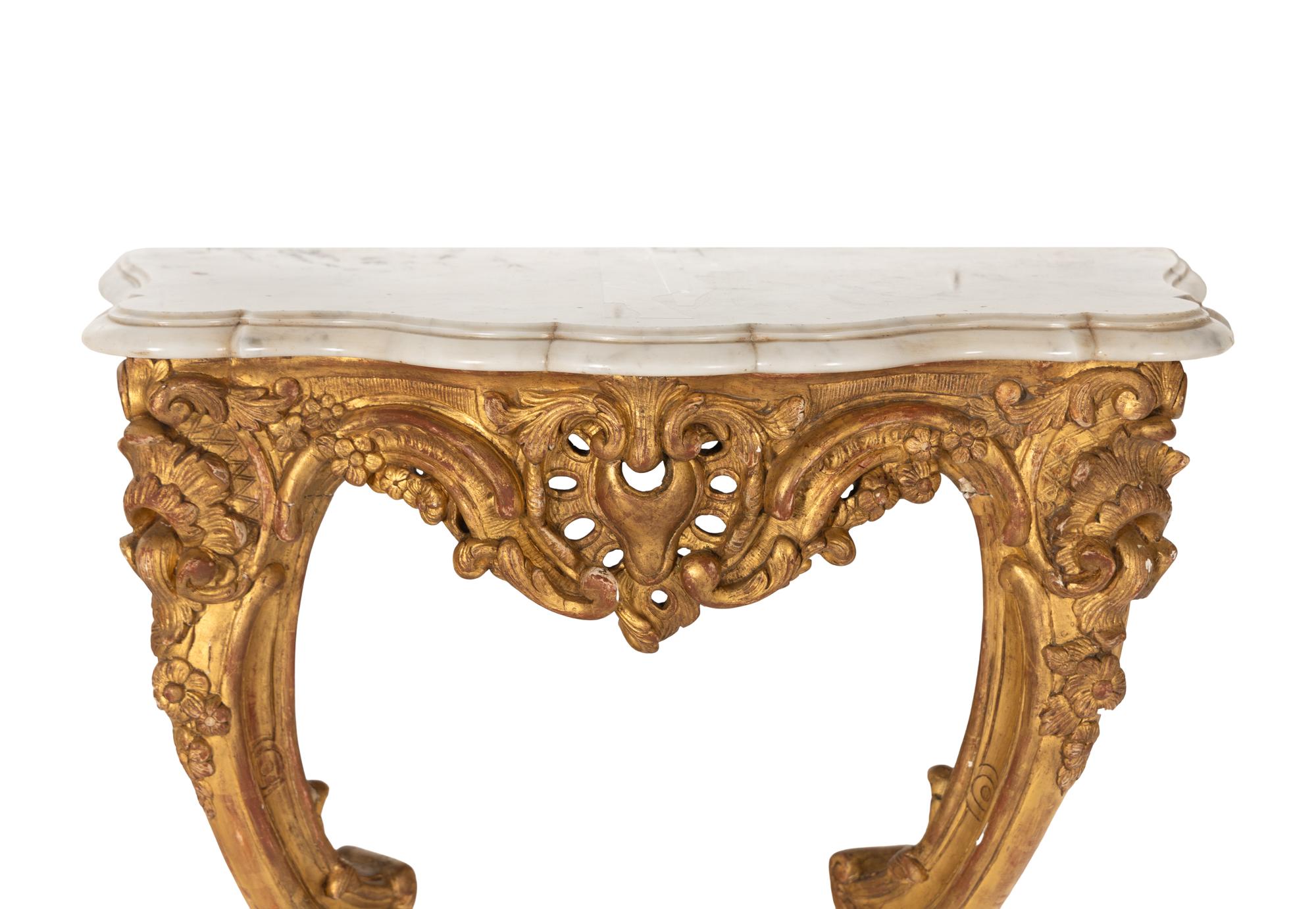 A Louis XV Style Giltwood Marble-Top Console Table